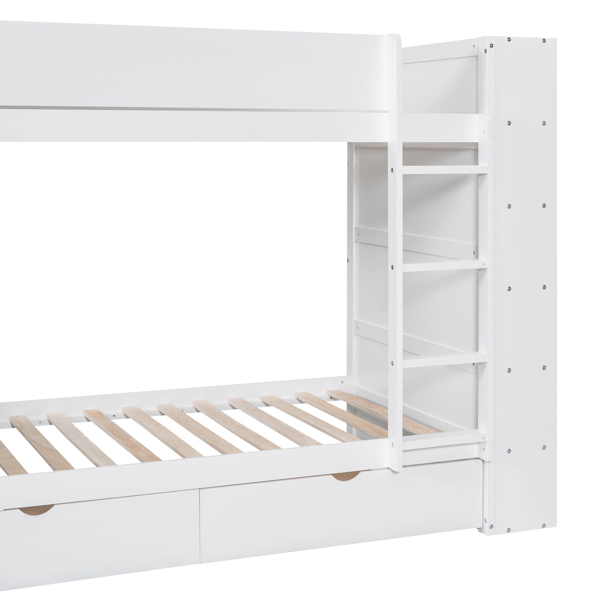Shared Kids Room Twin Over Twin Wood Bunk Bed with Storage Drawers and Multi-Layer Cabinet White | Just Better Bunk Beds