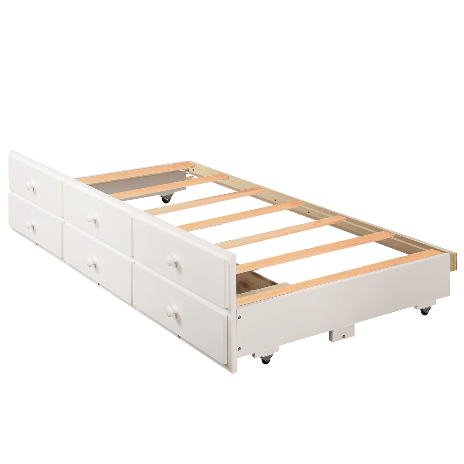 Shared Kids Room Twin-Over-Twin Wood Bunk Bed with Trundle, 3 Drawers, Ladder, Safety Rails in White | Just Better Bunk Beds