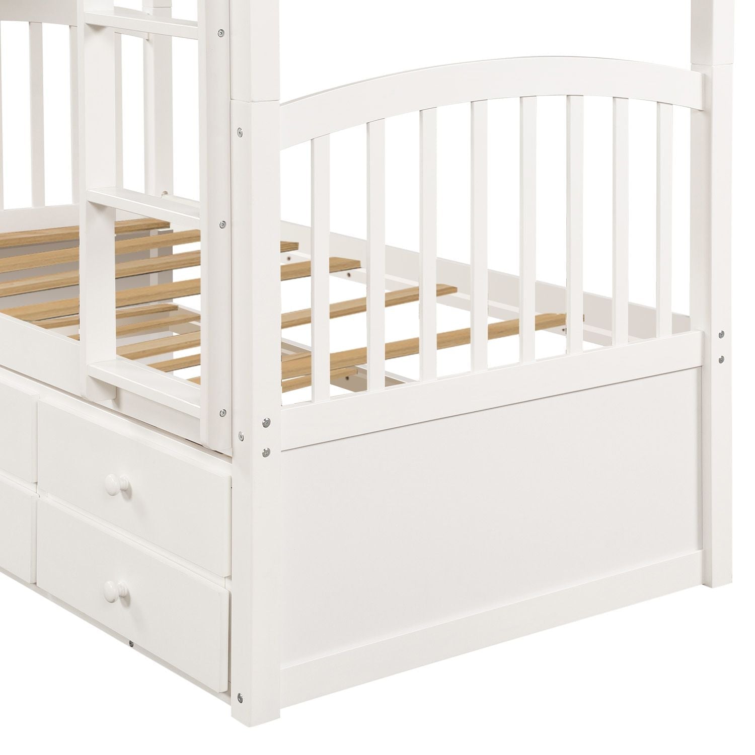 Shared Kids Room Twin-Over-Twin Wood Bunk Bed with Trundle, 3 Drawers, Ladder, Safety Rails in White | Just Better Bunk Beds