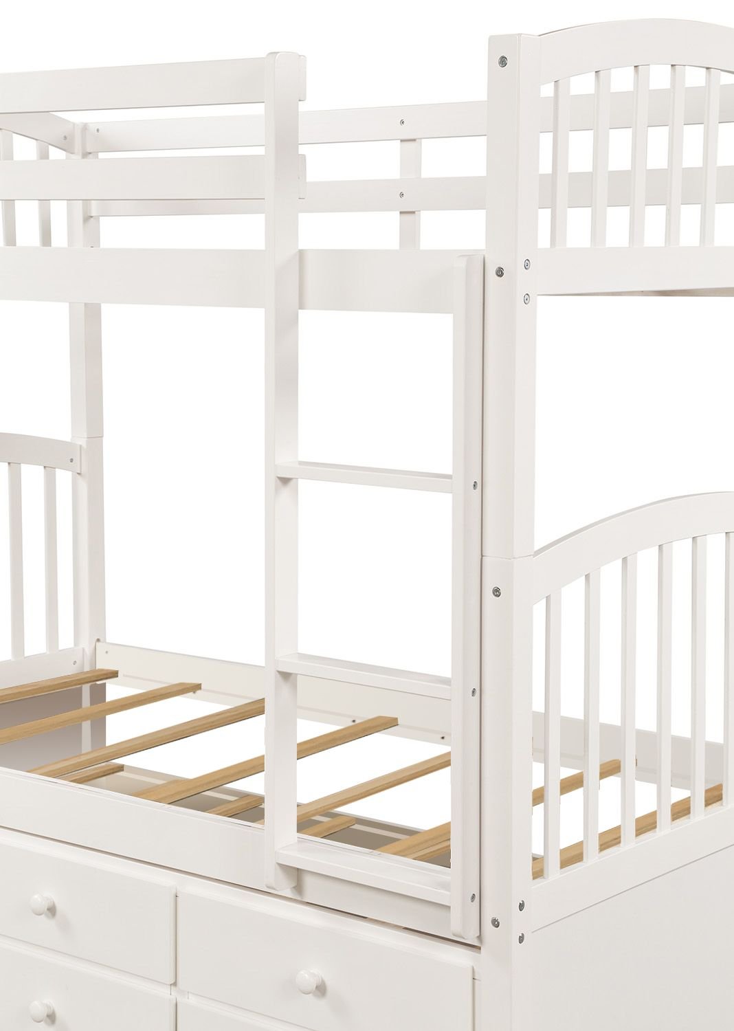 Shared Kids Room Twin-Over-Twin Wood Bunk Bed with Trundle, 3 Drawers, Ladder, Safety Rails in White | Just Better Bunk Beds