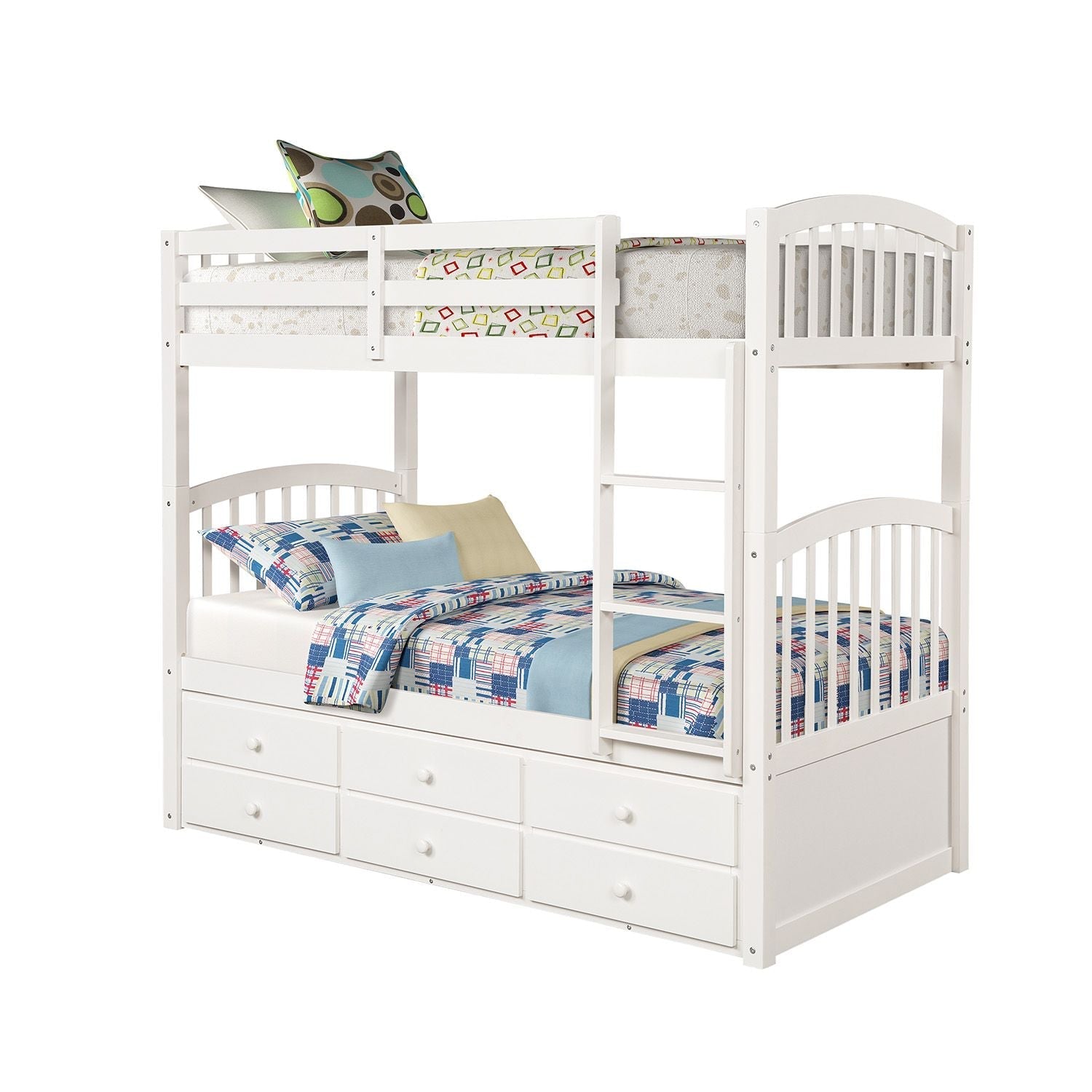 Shared Kids Room Twin-Over-Twin Wood Bunk Bed with Trundle, 3 Drawers, Ladder, Safety Rails in White | Just Better Bunk Beds