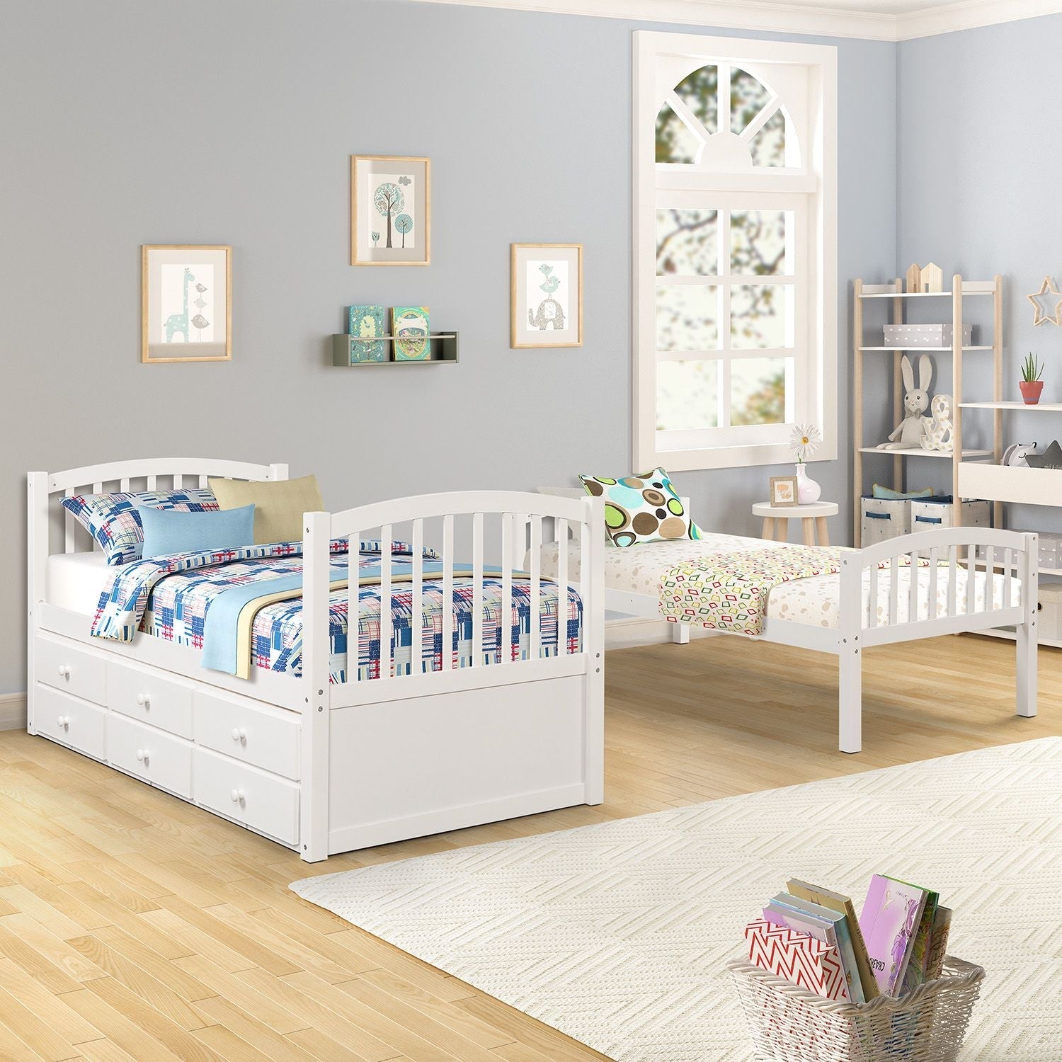 Shared Kids Room Twin-Over-Twin Wood Bunk Bed with Trundle, 3 Drawers, Ladder, Safety Rails in White | Just Better Bunk Beds