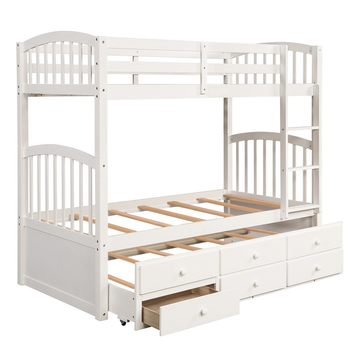 Shared Kids Room Twin-Over-Twin Wood Bunk Bed with Trundle, 3 Drawers, Ladder, Safety Rails in White | Just Better Bunk Beds