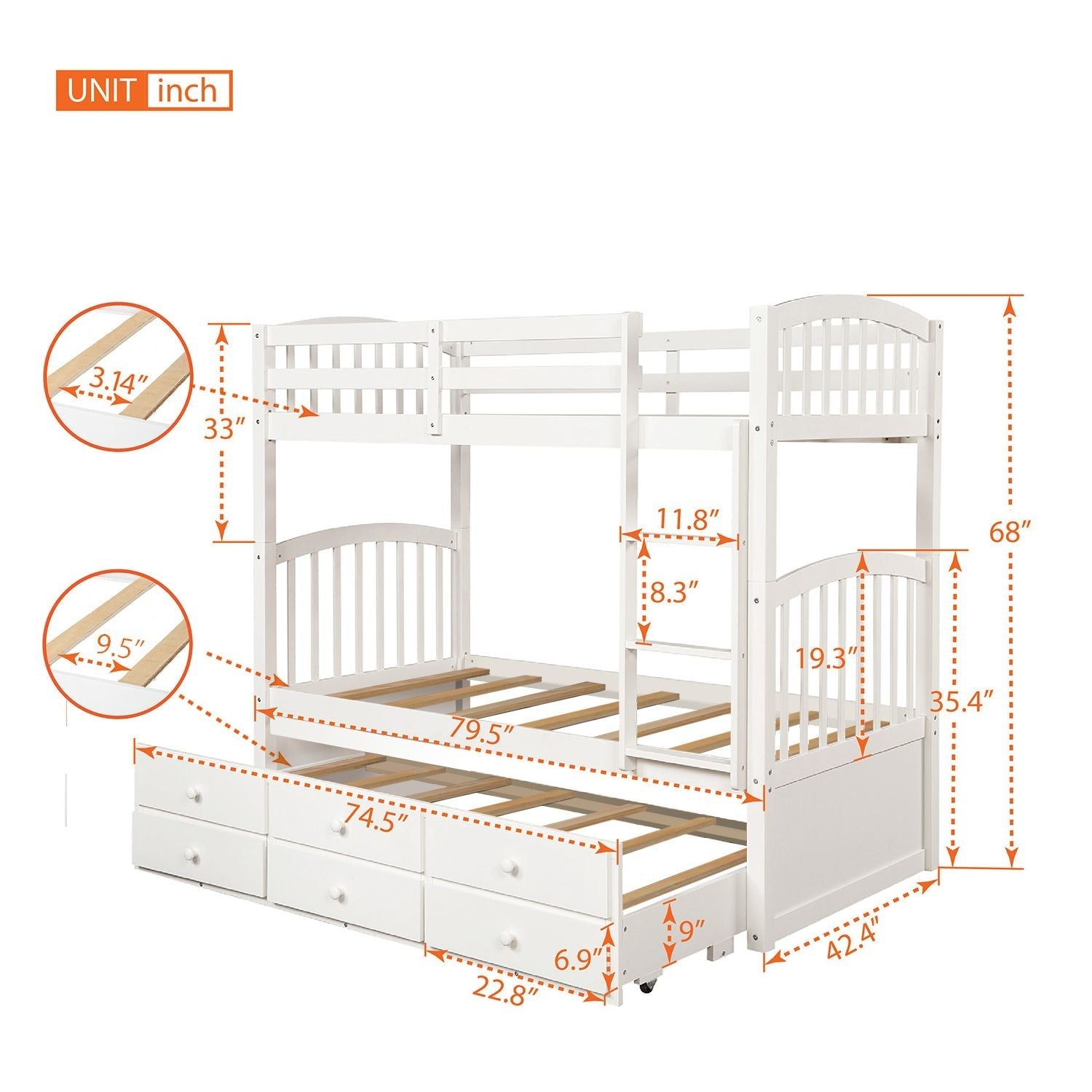 Shared Kids Room Twin-Over-Twin Wood Bunk Bed with Trundle, 3 Drawers, Ladder, Safety Rails in White | Just Better Bunk Beds