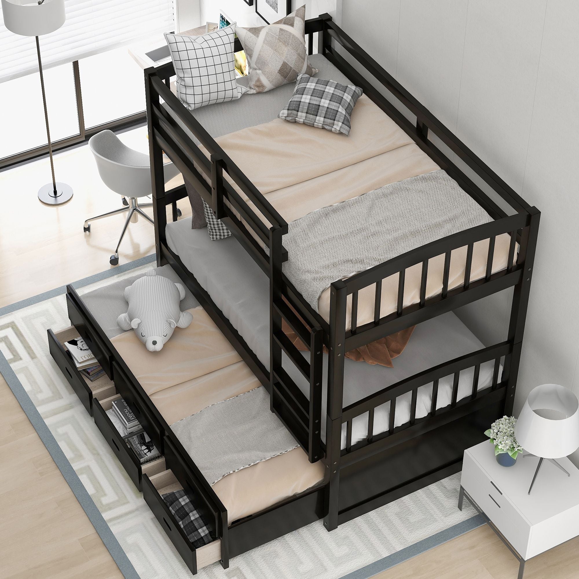 Shared Kids Room Twin Over Twin Wood Bunk Bed with Trundle and Drawers Espresso Finish | Just Better Bunk Beds