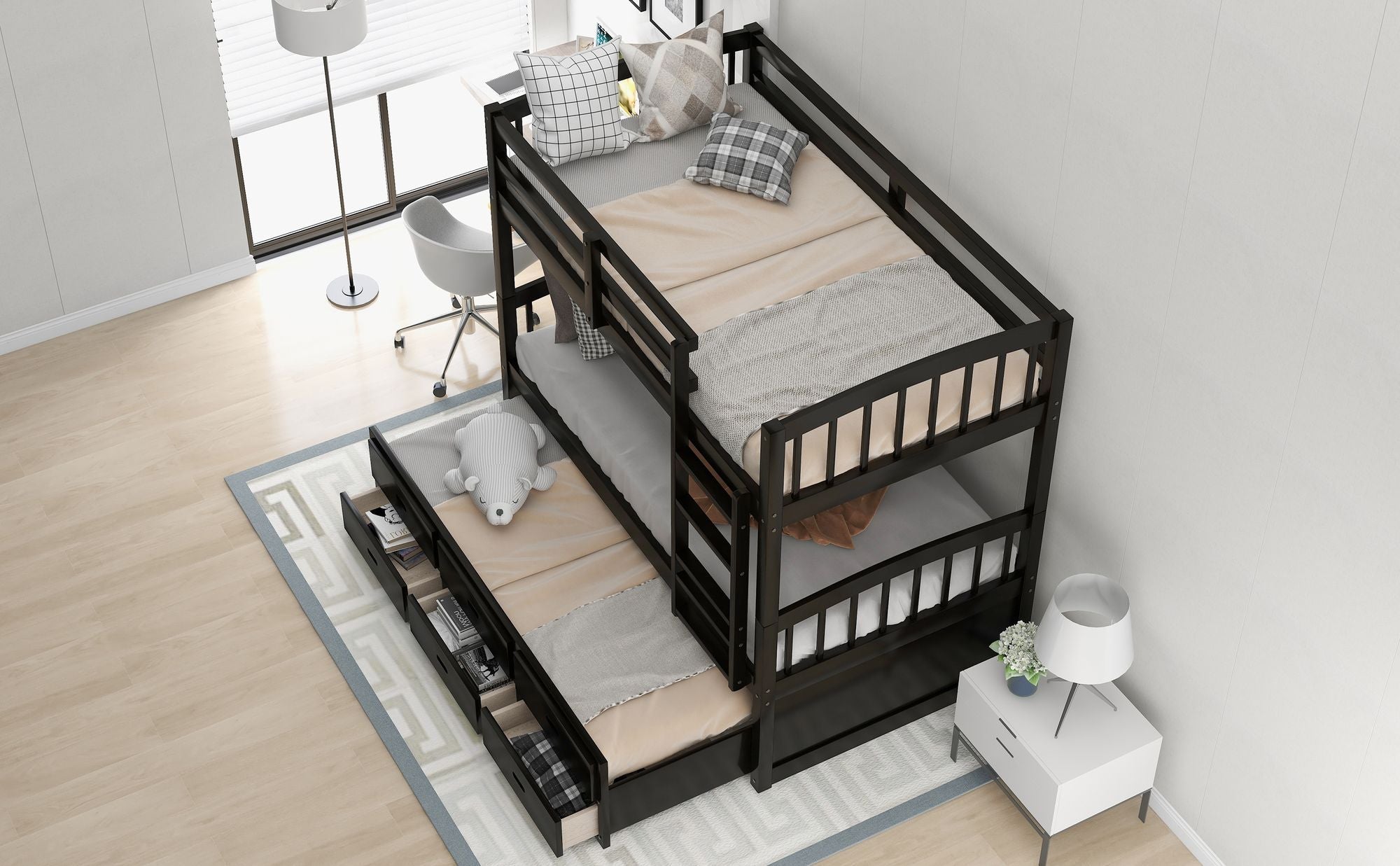 Shared Kids Room Twin Over Twin Wood Bunk Bed with Trundle and Drawers Espresso Finish | Just Better Bunk Beds