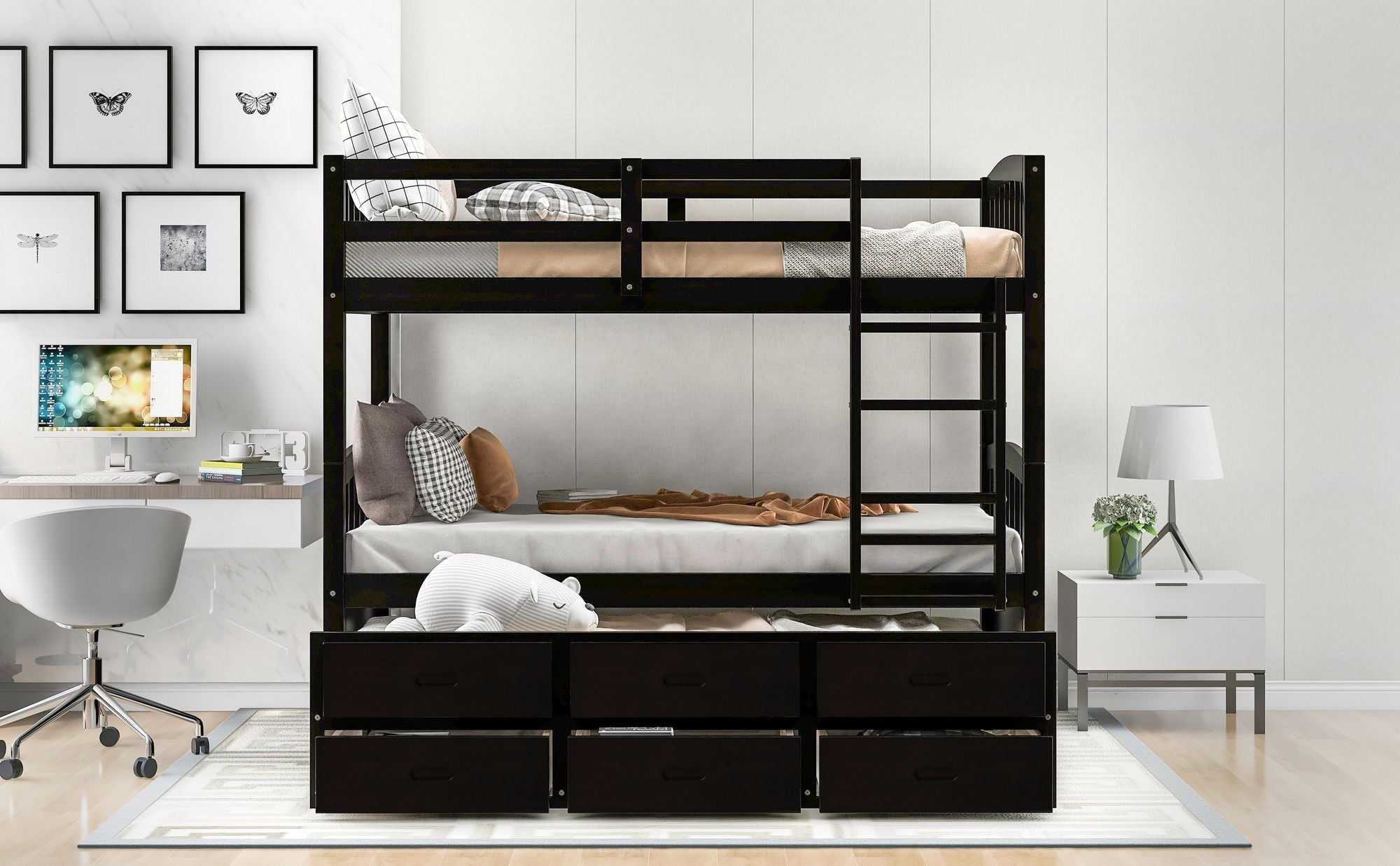 Shared Kids Room Twin Over Twin Wood Bunk Bed with Trundle and Drawers Espresso Finish | Just Better Bunk Beds