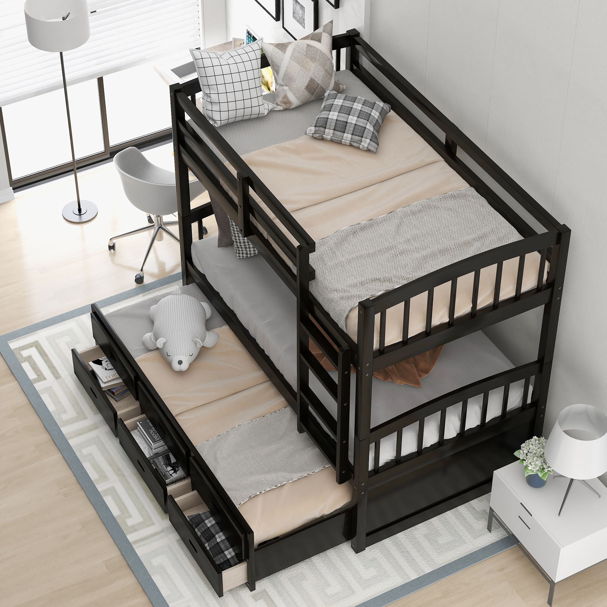 Shared Kids Room Twin Over Twin Wood Bunk Bed with Trundle and Drawers, Espresso or White | Just Better Bunk Beds