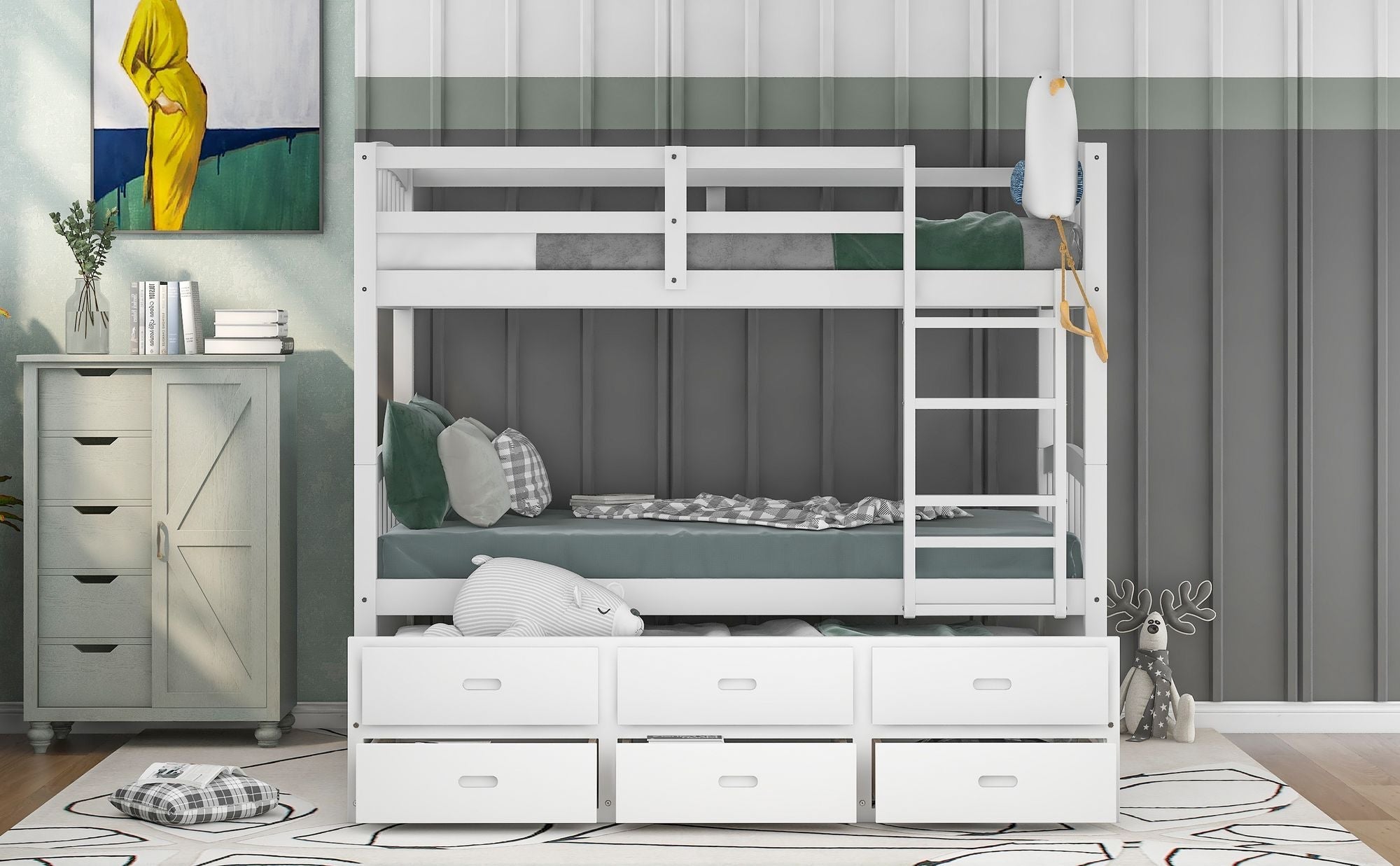 Shared Kids Room Twin Over Twin Wood Bunk Bed with Trundle and Drawers, Espresso or White | Just Better Bunk Beds