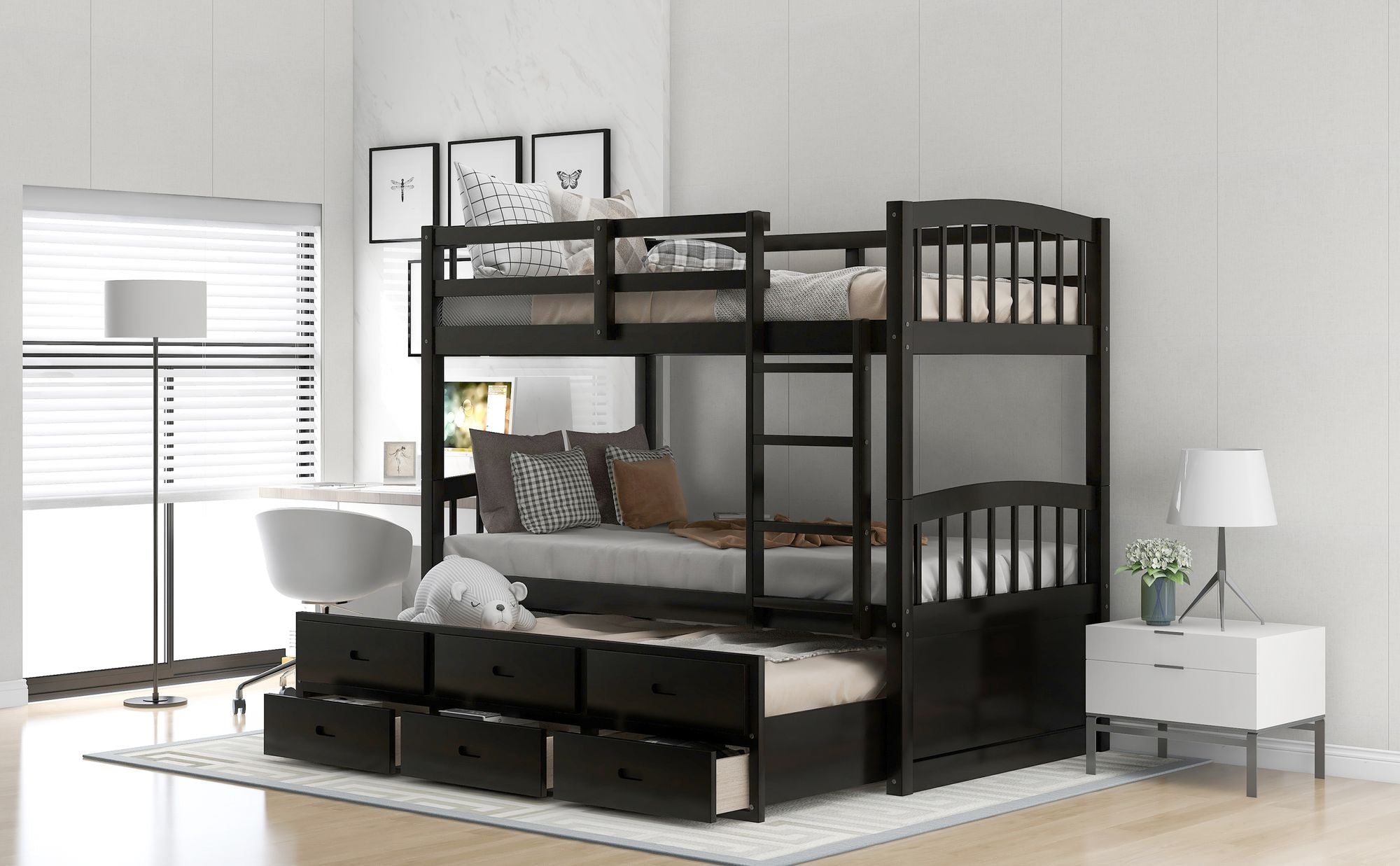 Shared Kids Room Twin Over Twin Wood Bunk Bed with Trundle and Drawers, Espresso or White | Just Better Bunk Beds