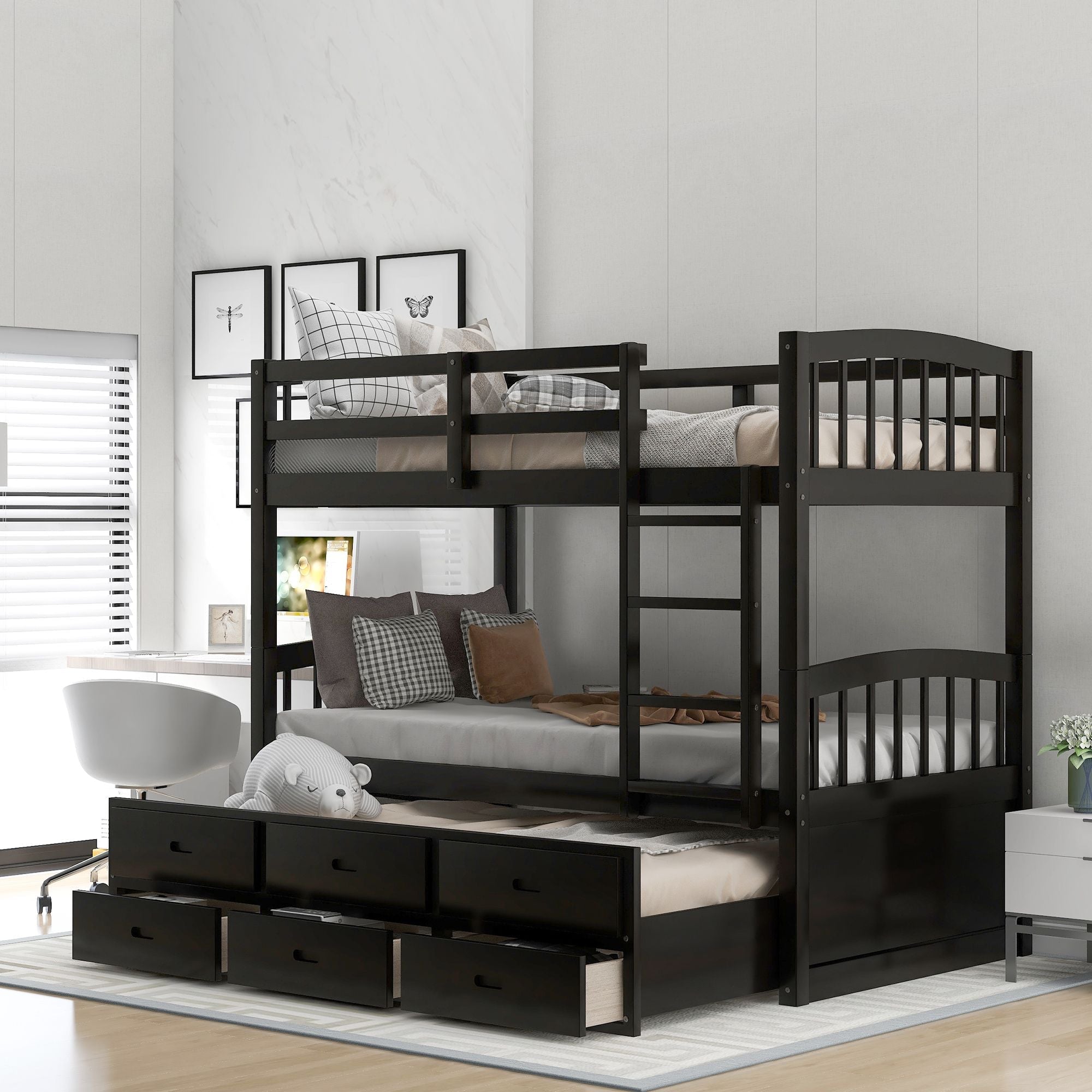 Shared Kids Room Twin Over Twin Wood Bunk Bed with Trundle and Drawers, Espresso or White | Just Better Bunk Beds