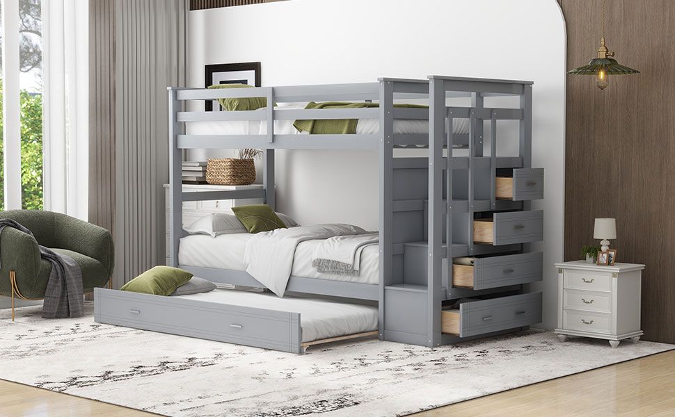 Shared Kids Room Twin Over Twin Wood Bunk Bed with Trundle and Staircase Storage in Gray | Just Better Bunk Beds