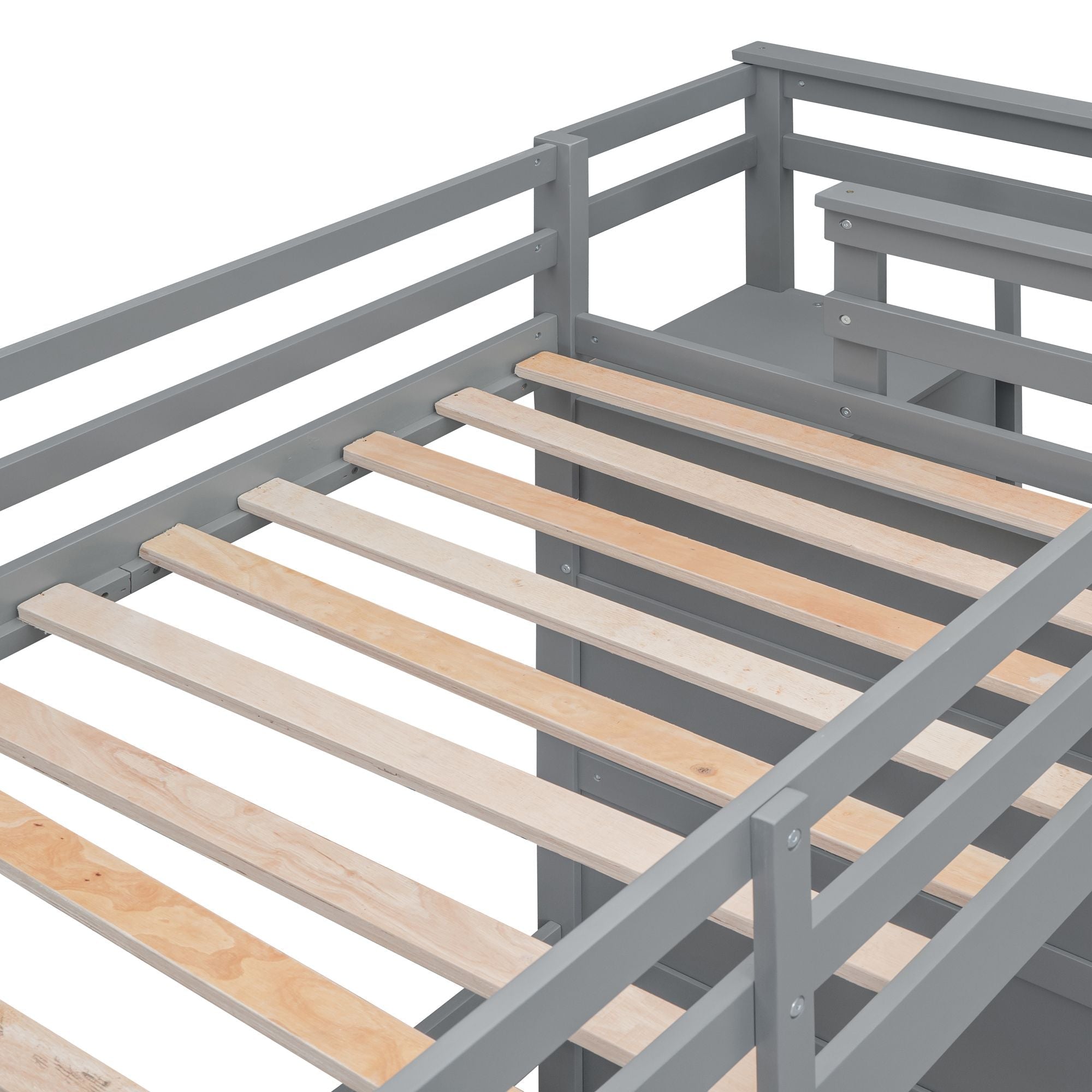 Shared Kids Room Twin Over Twin Wood Bunk Bed with Trundle and Staircase Storage in Gray | Just Better Bunk Beds