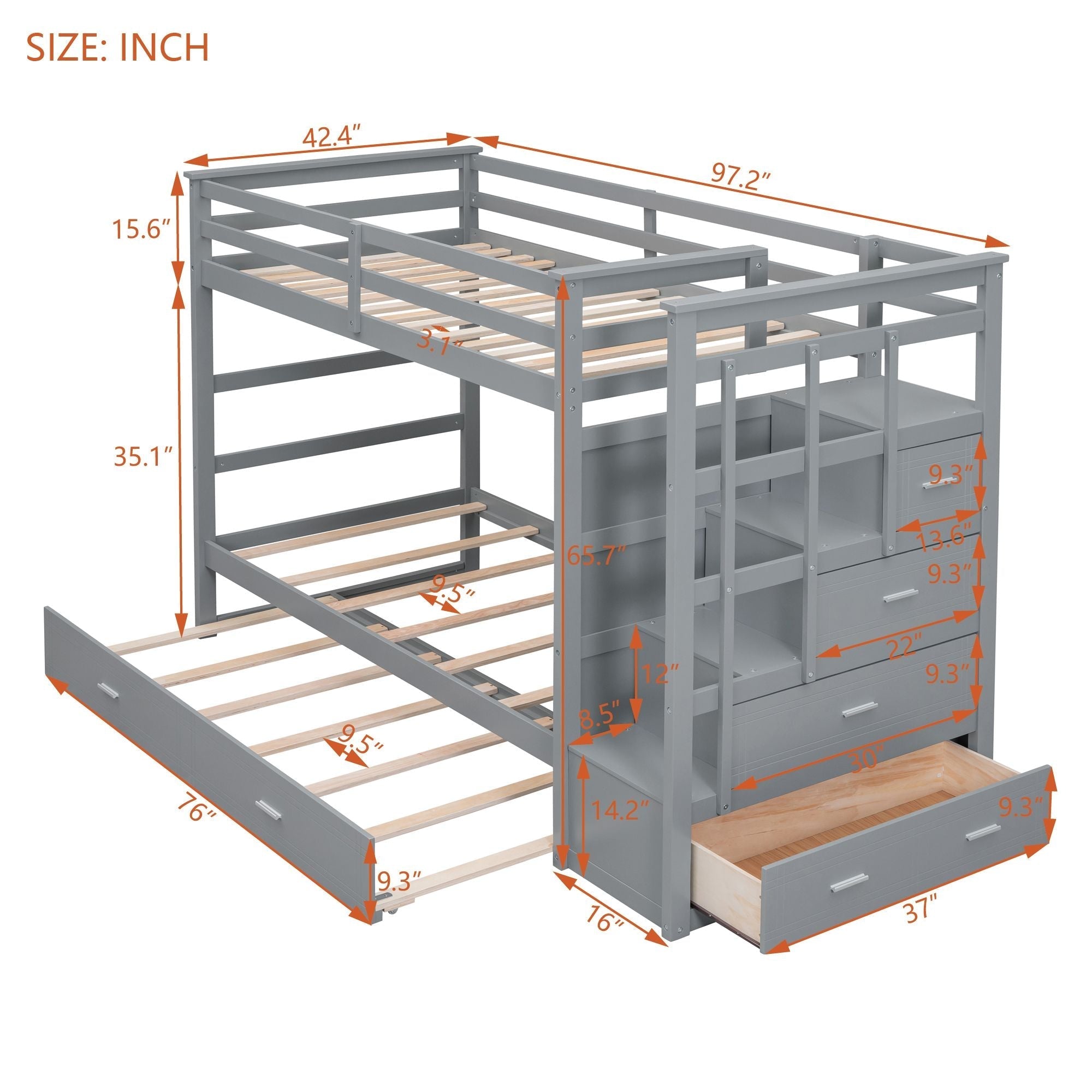 Shared Kids Room Twin Over Twin Wood Bunk Bed with Trundle and Staircase Storage in Gray | Just Better Bunk Beds