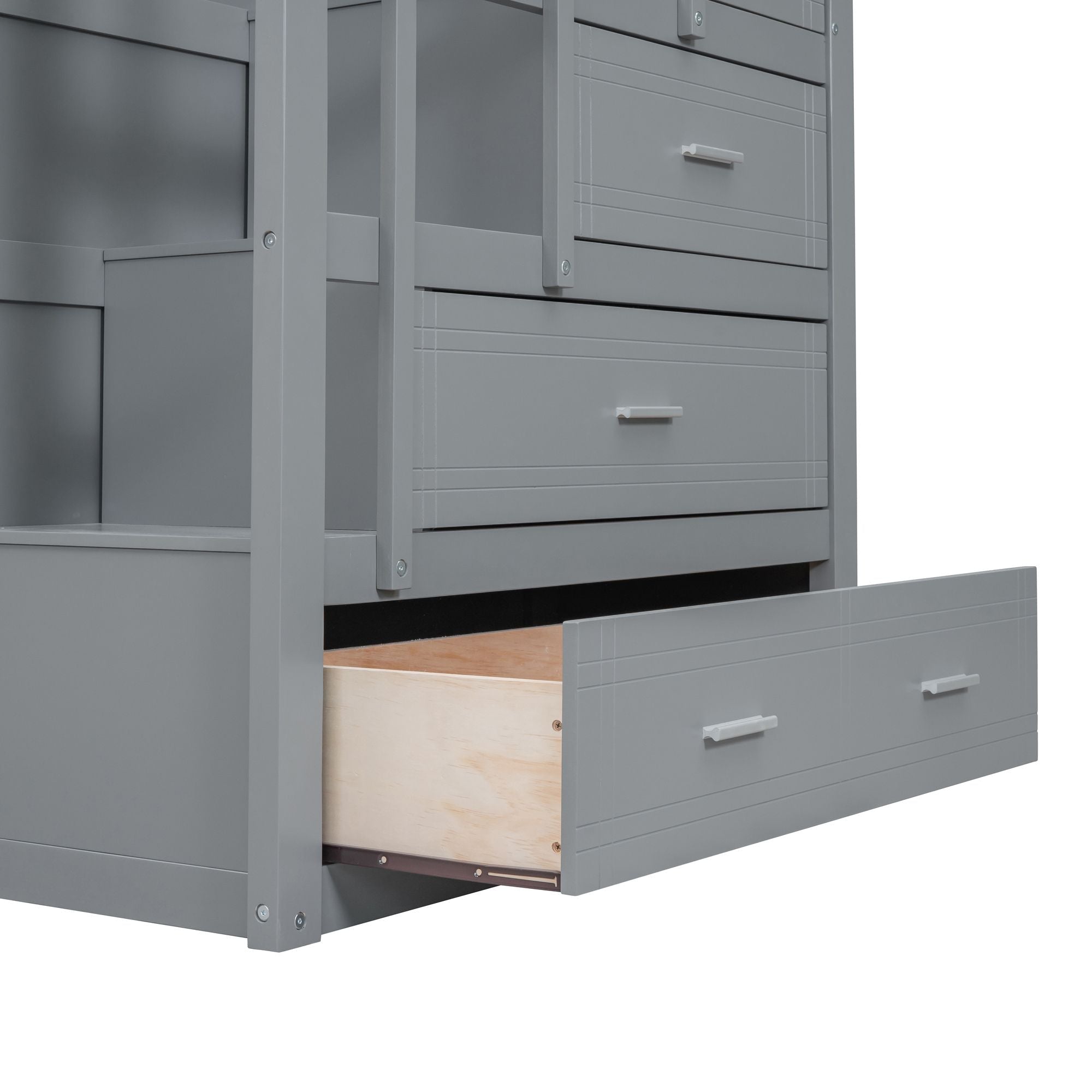 Shared Kids Room Twin Over Twin Wood Bunk Bed with Trundle and Staircase Storage in Gray | Just Better Bunk Beds