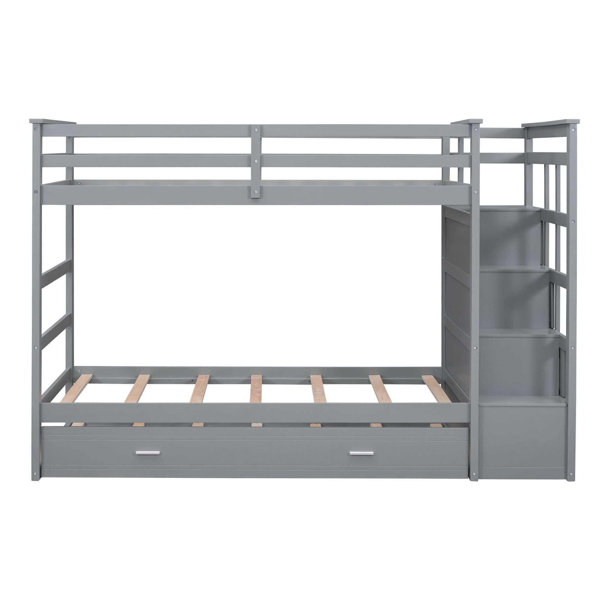Shared Kids Room Twin Over Twin Wood Bunk Bed with Trundle and Staircase Storage in Gray | Just Better Bunk Beds