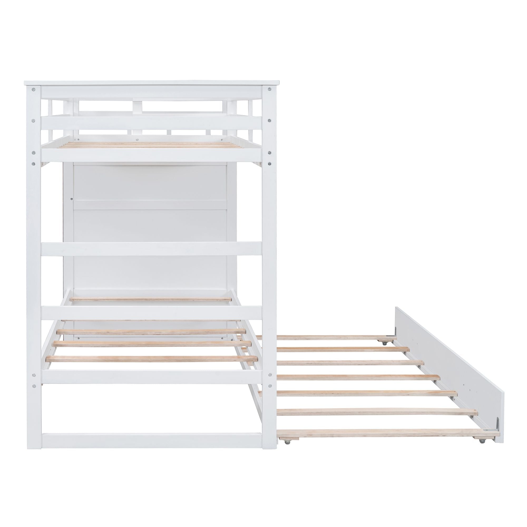Shared Kids Room Twin Over Twin Wood Bunk Bed with Trundle and Staircase, White | Just Better Bunk Beds