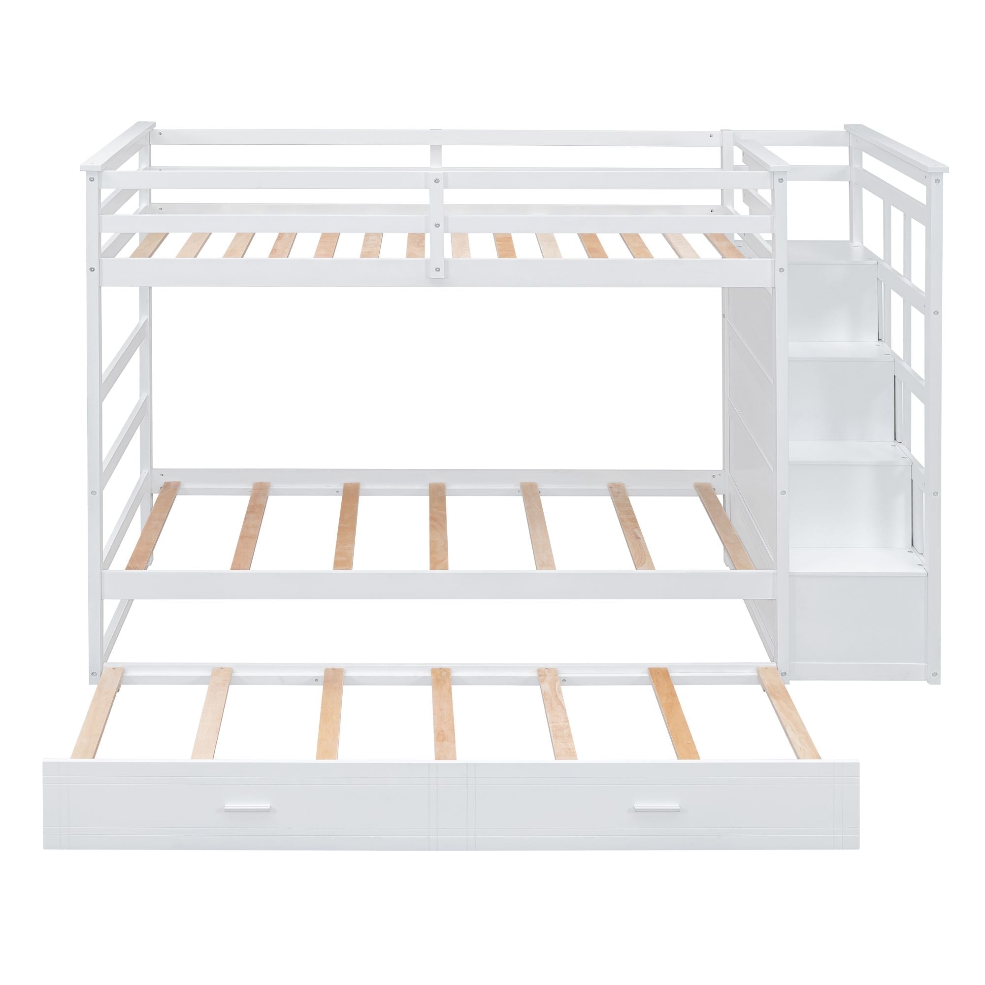 Shared Kids Room Twin Over Twin Wood Bunk Bed with Trundle and Staircase, White | Just Better Bunk Beds