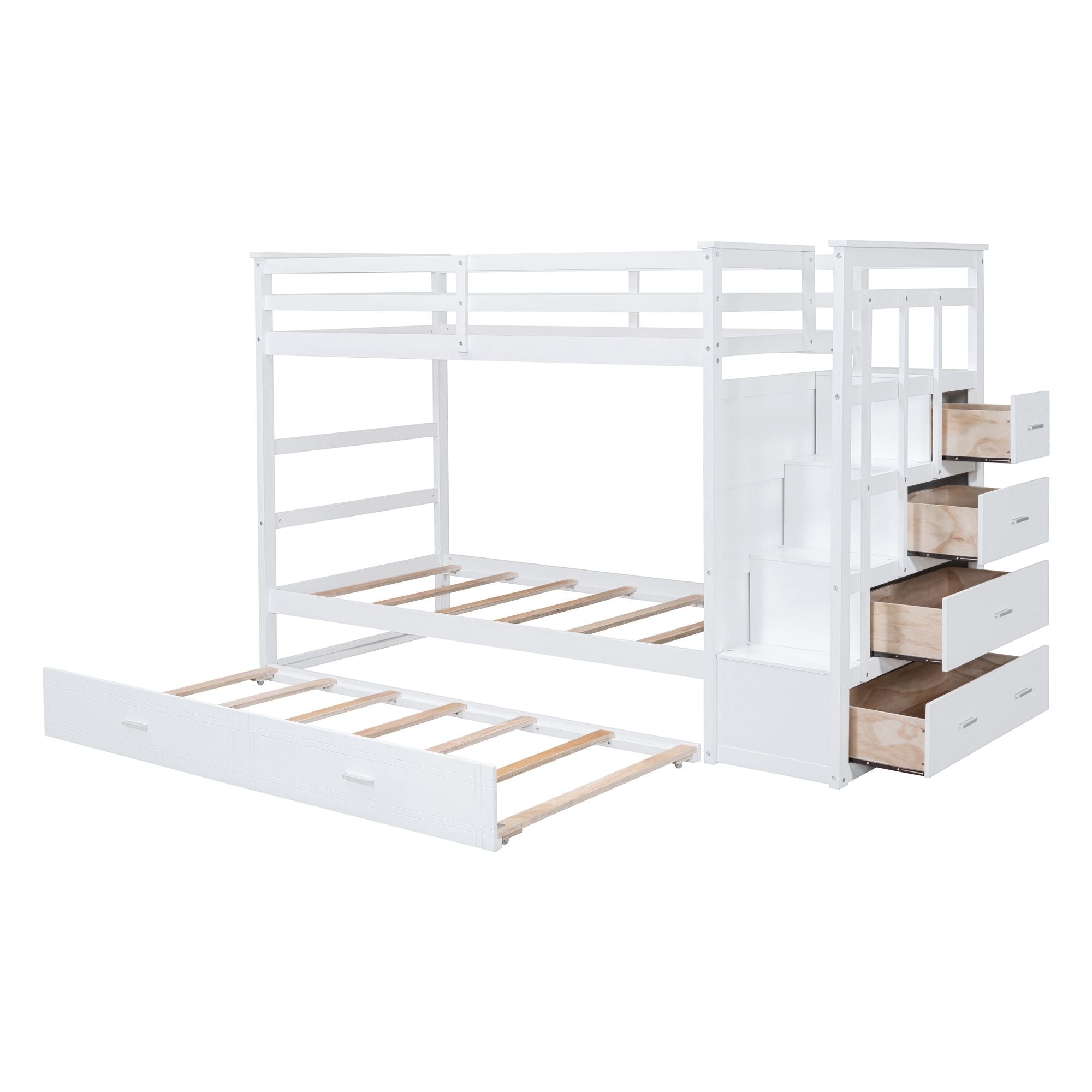Shared Kids Room Twin Over Twin Wood Bunk Bed with Trundle and Staircase, White | Just Better Bunk Beds