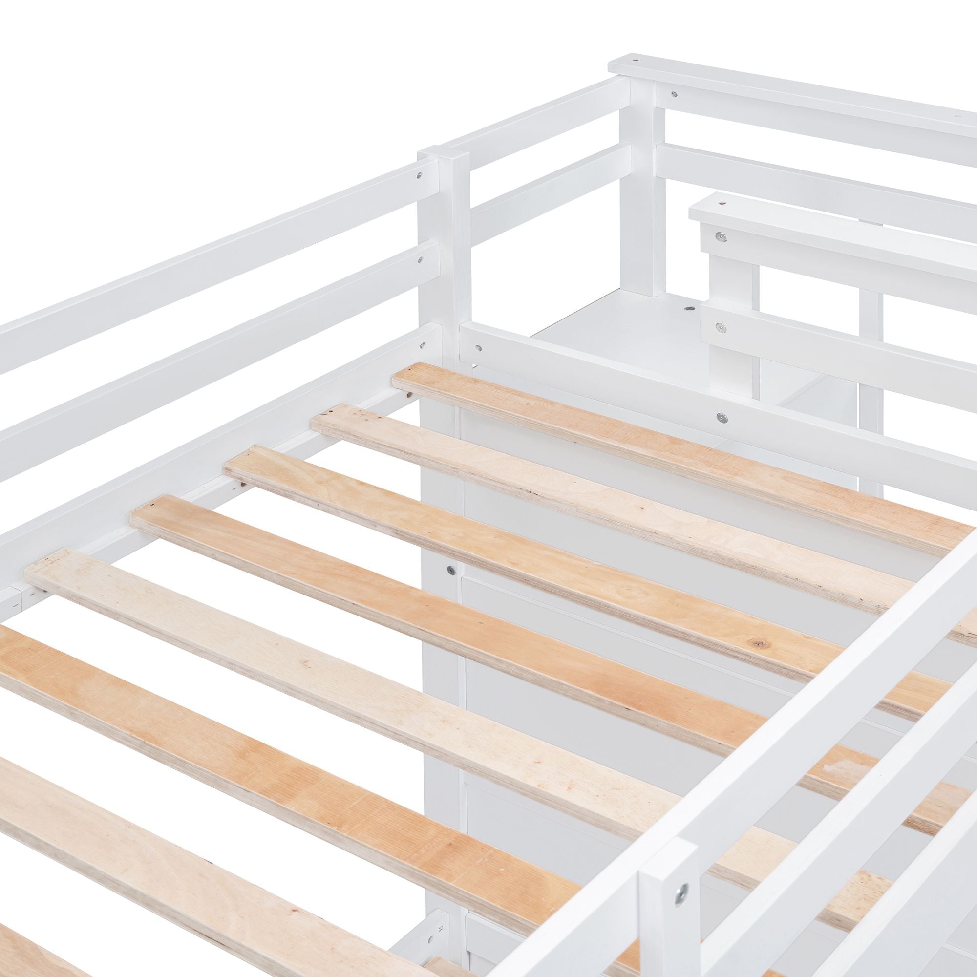 Shared Kids Room Twin Over Twin Wood Bunk Bed with Trundle and Staircase, White | Just Better Bunk Beds