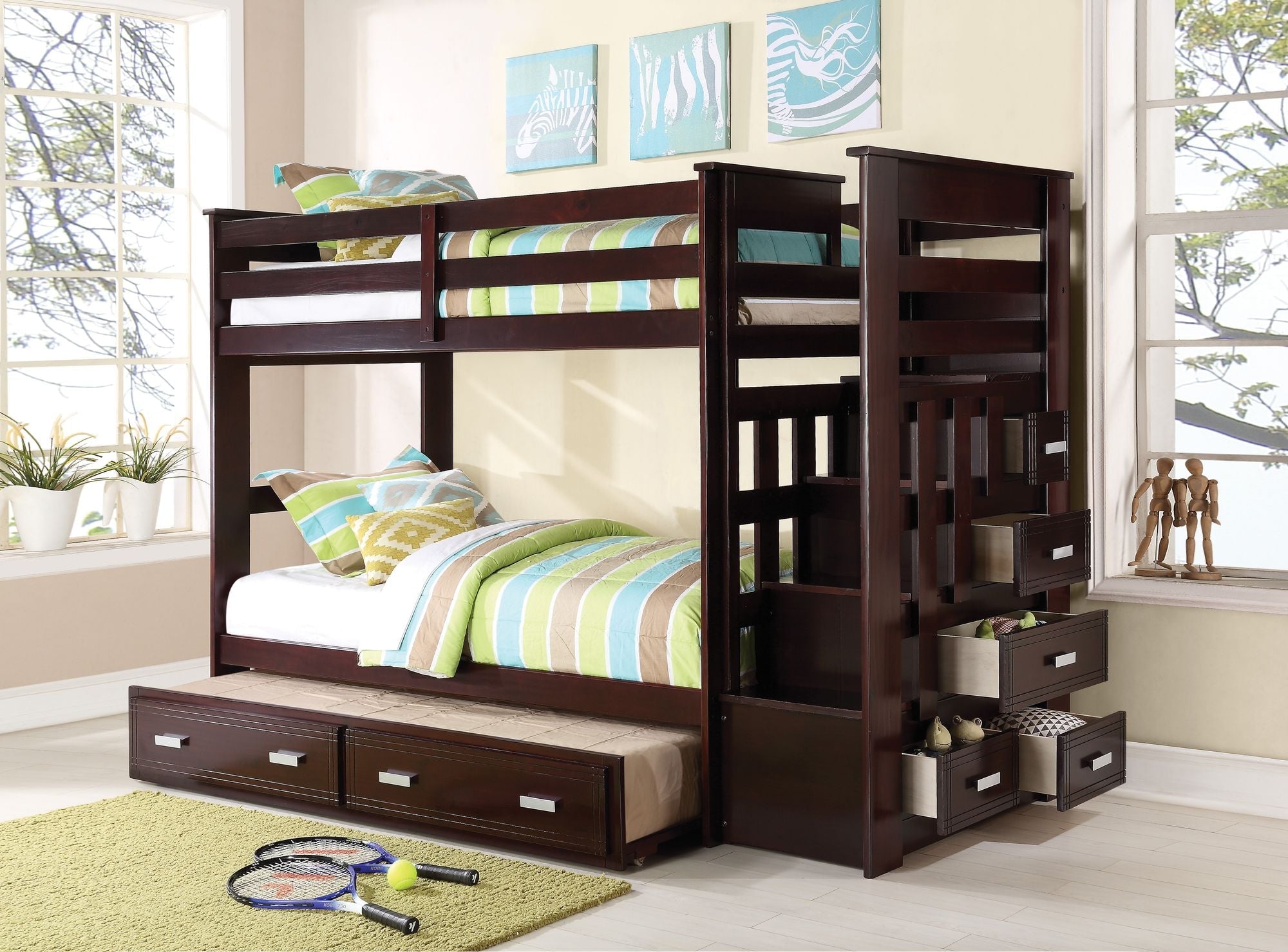 Shared Kids Room Twin Over Twin Wood Bunk Bed with Trundle and Storage Drawers, Espresso | Just Better Bunk Beds