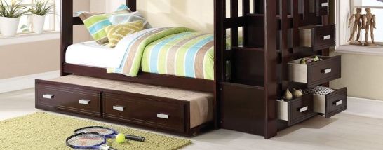 Shared Kids Room Twin Over Twin Wood Bunk Bed with Trundle and Storage Drawers, Espresso | Just Better Bunk Beds