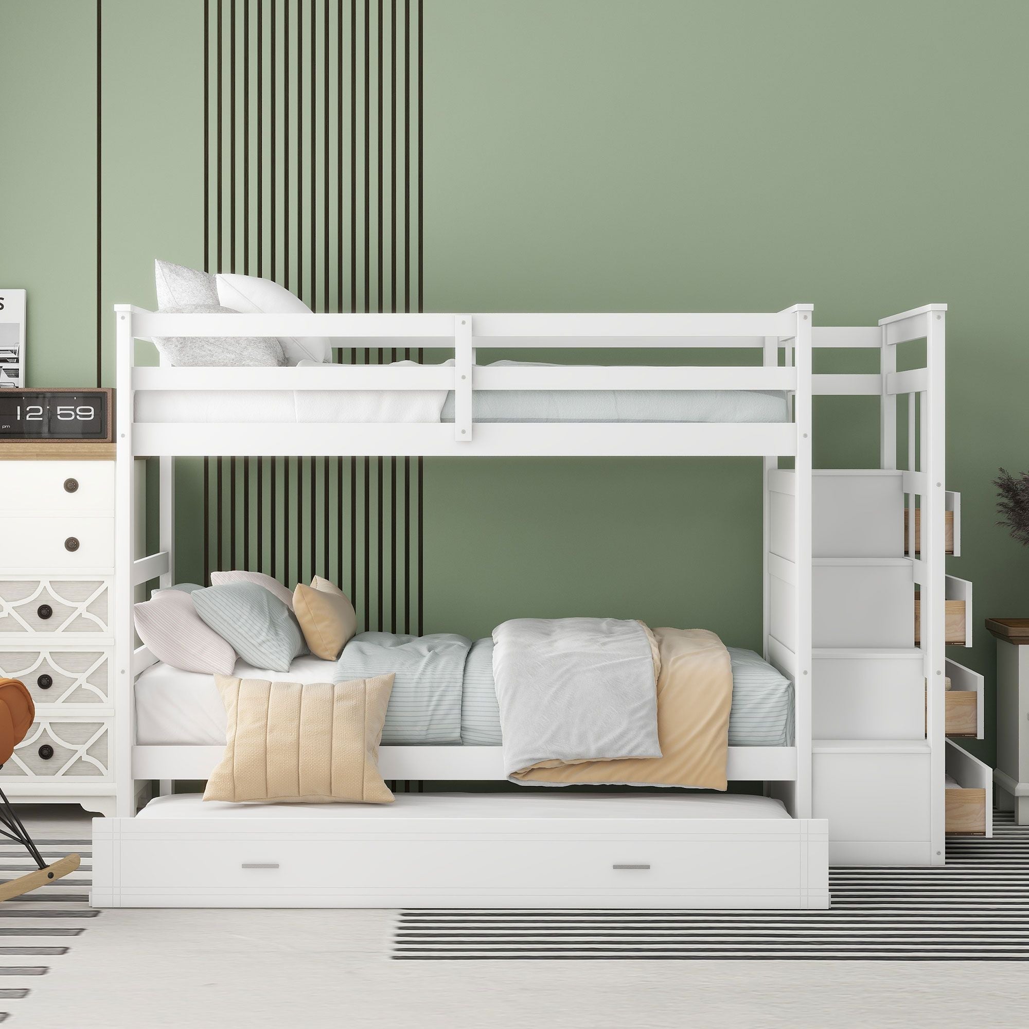 Shared Kids Room Twin Over Twin Wood Bunk Bed with Trundle and Storage Staircase, White | Just Better Bunk Beds