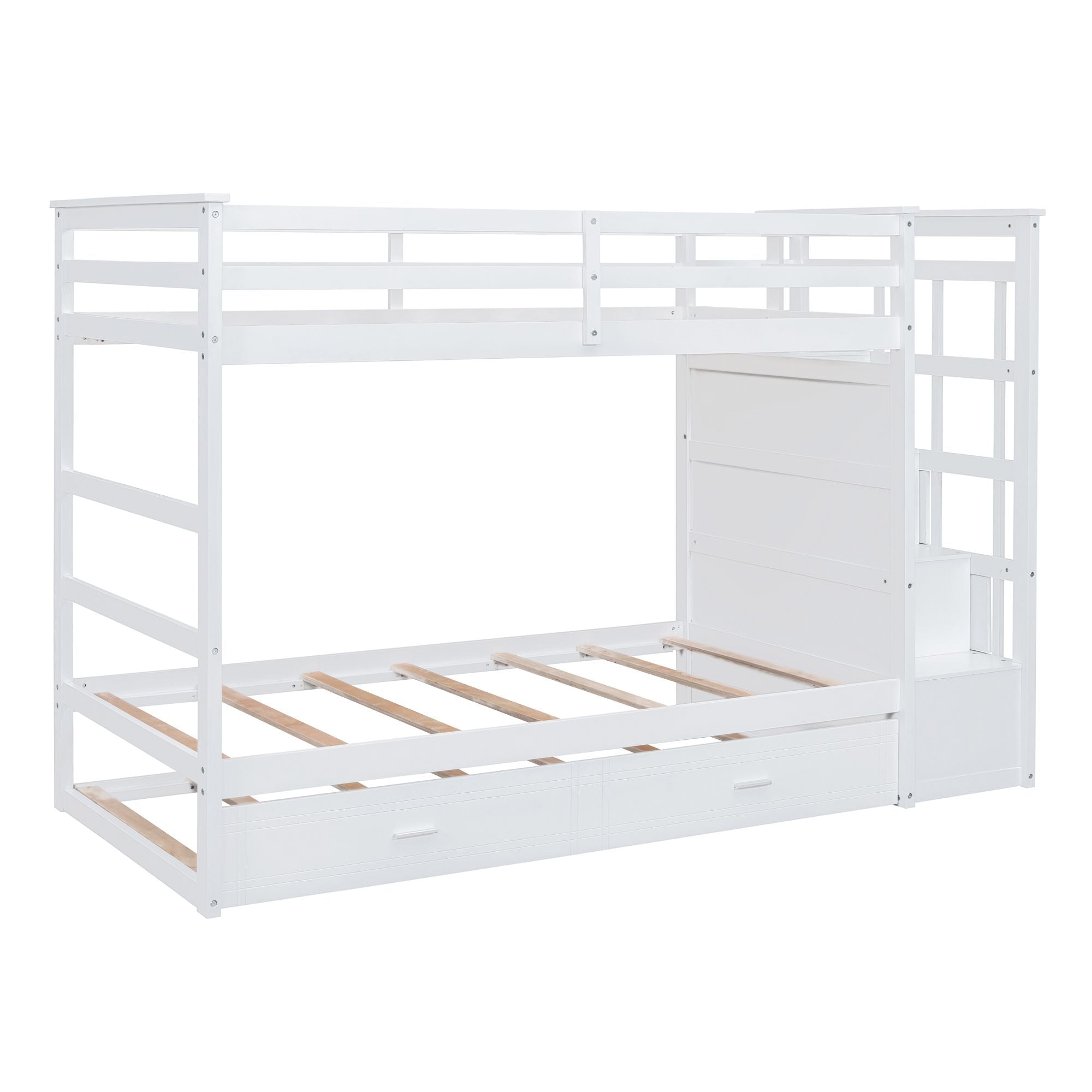 Shared Kids Room Twin Over Twin Wood Bunk Bed with Trundle and Storage Staircase, White | Just Better Bunk Beds