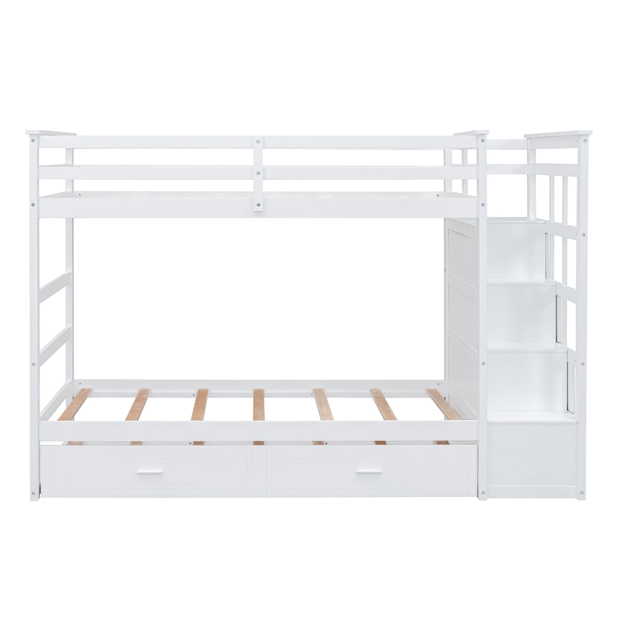 Shared Kids Room Twin Over Twin Wood Bunk Bed with Trundle and Storage Staircase, White | Just Better Bunk Beds