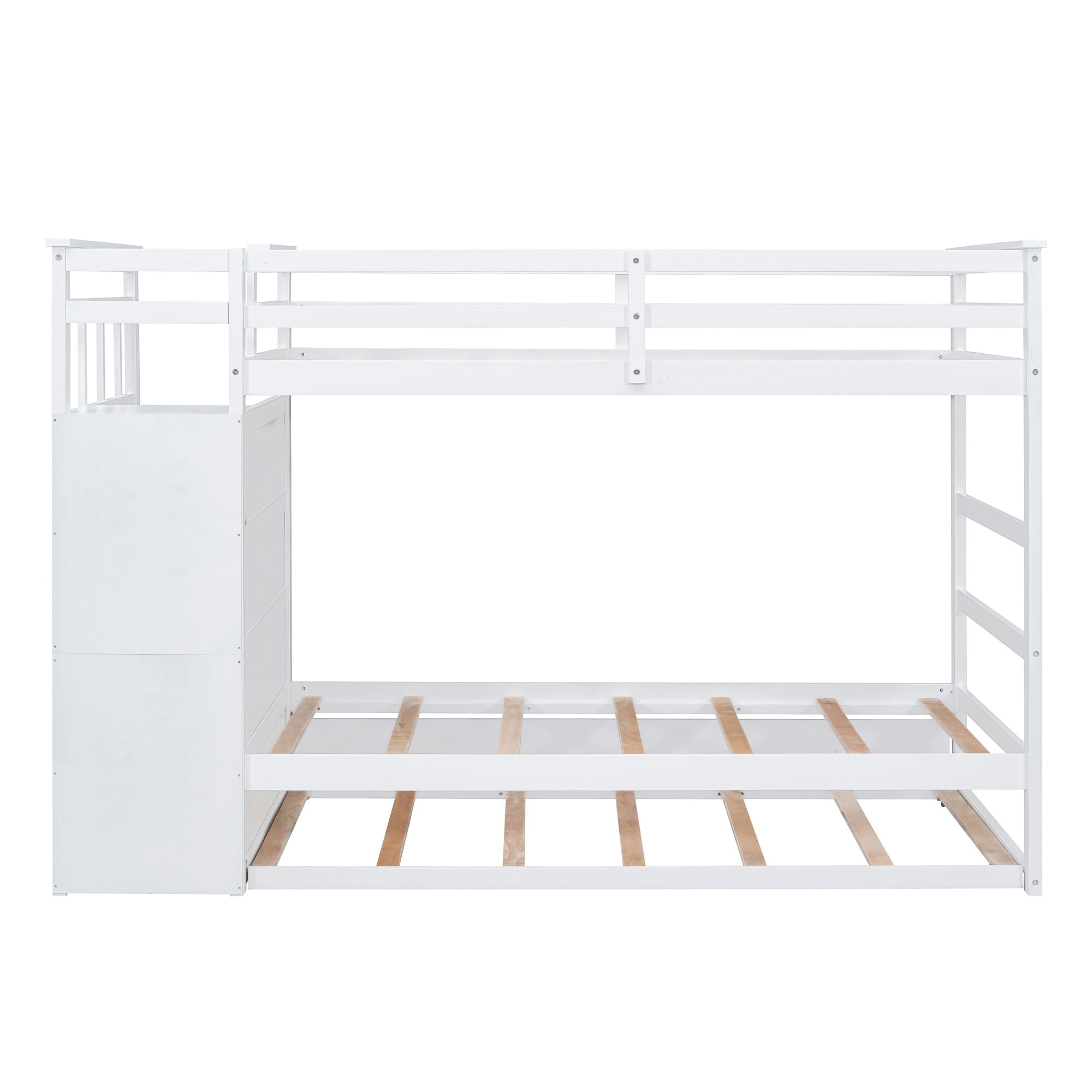 Shared Kids Room Twin Over Twin Wood Bunk Bed with Trundle and Storage Staircase, White | Just Better Bunk Beds