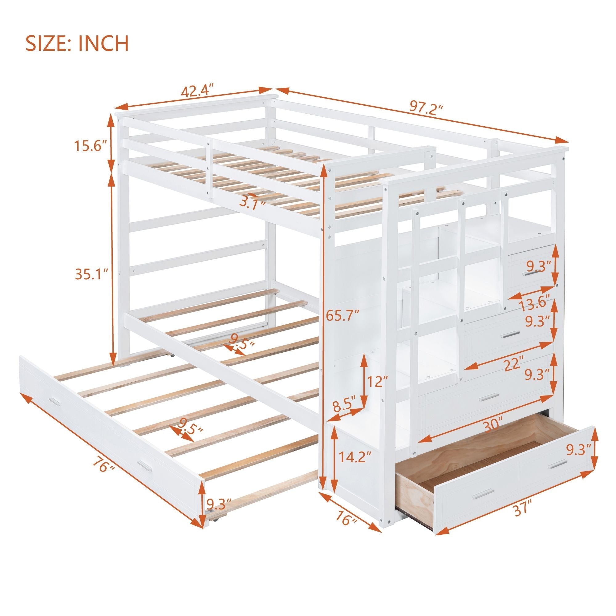Shared Kids Room Twin Over Twin Wood Bunk Bed with Trundle and Storage Staircase, White | Just Better Bunk Beds