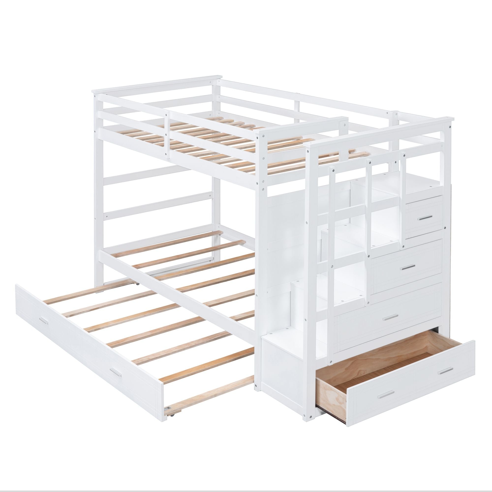 Shared Kids Room Twin Over Twin Wood Bunk Bed with Trundle and Storage Staircase, White | Just Better Bunk Beds