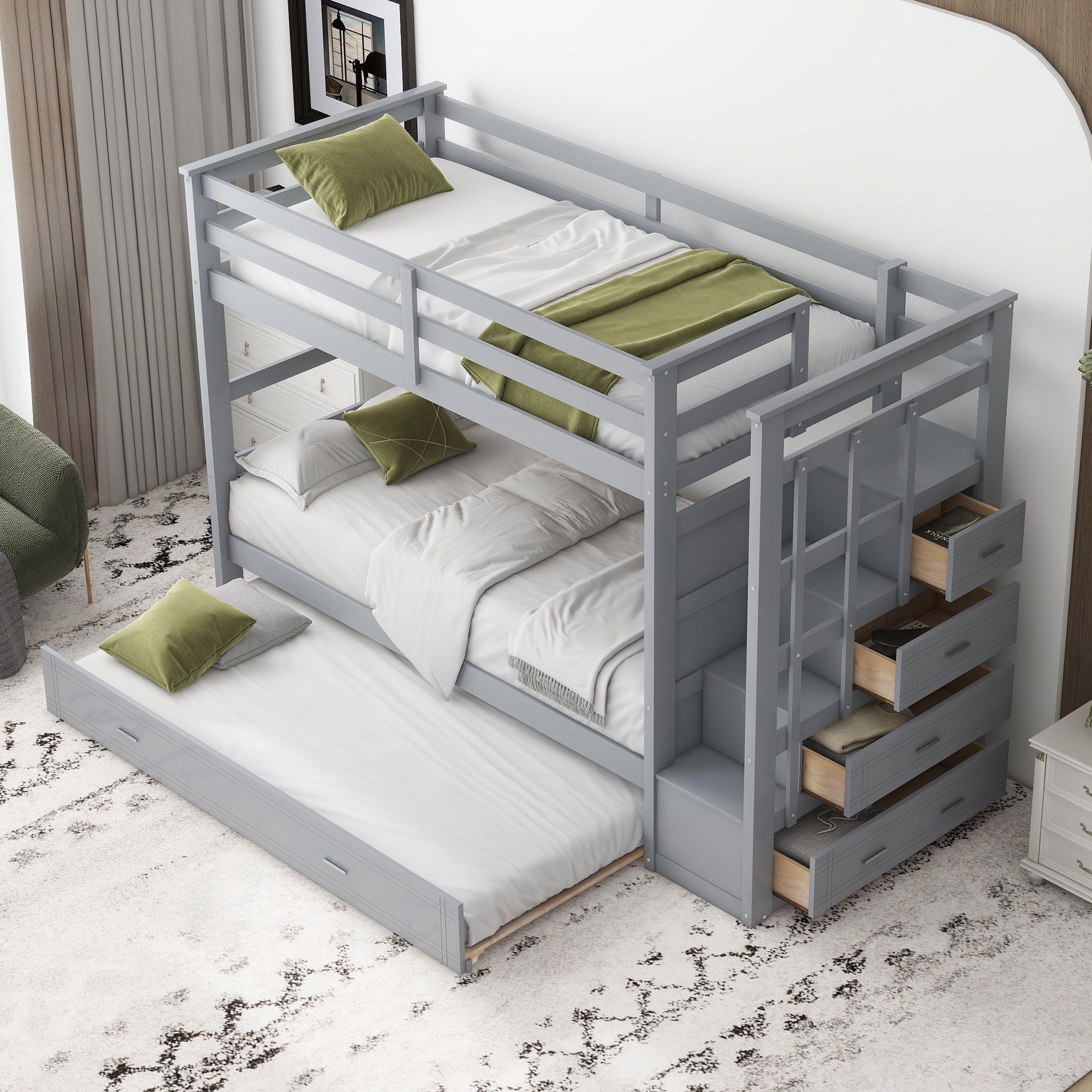 Shared Kids Room Twin Over Twin Wood Bunk Bed with Trundle, Staircase & Storage Drawers, Gray | Just Better Bunk Beds
