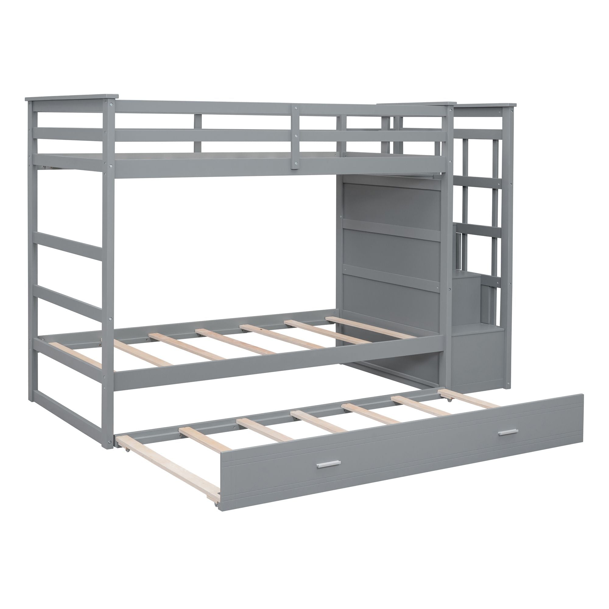 Shared Kids Room Twin Over Twin Wood Bunk Bed with Trundle, Staircase & Storage Drawers, Gray | Just Better Bunk Beds
