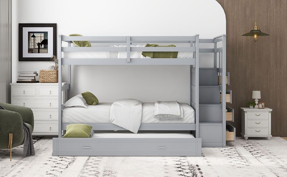 Shared Kids Room Twin Over Twin Wood Bunk Bed with Trundle, Staircase & Storage Drawers, Gray | Just Better Bunk Beds