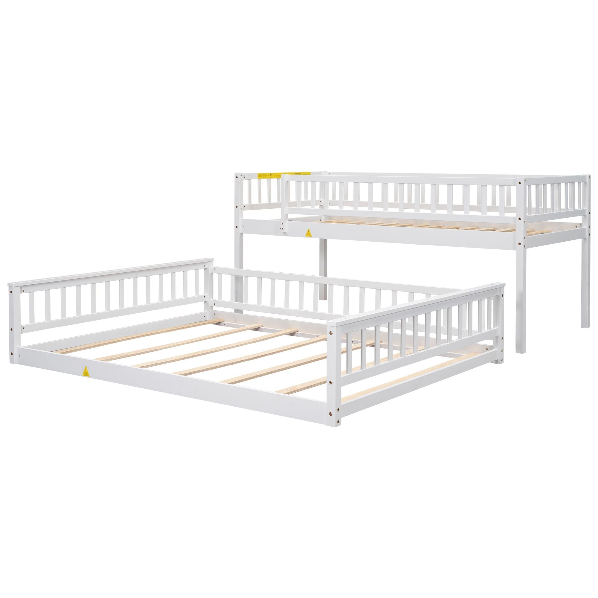 Shared Kids Room Twin XL Over Queen Wood Bunk Bed with Ladder and Guardrails White | Just Better Bunk Beds