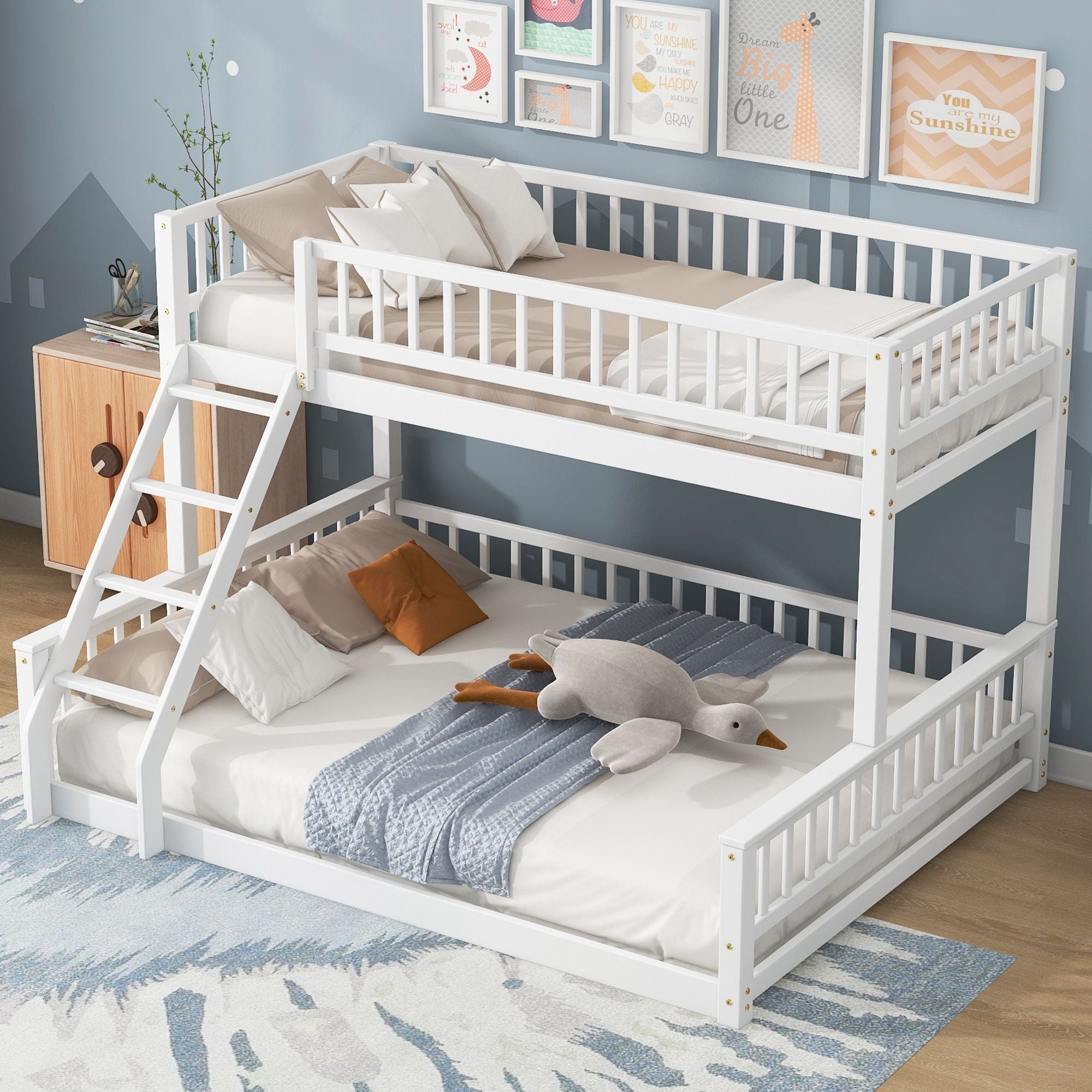 Shared Kids Room Twin XL Over Queen Wood Bunk Bed with Ladder and Guardrails White | Just Better Bunk Beds