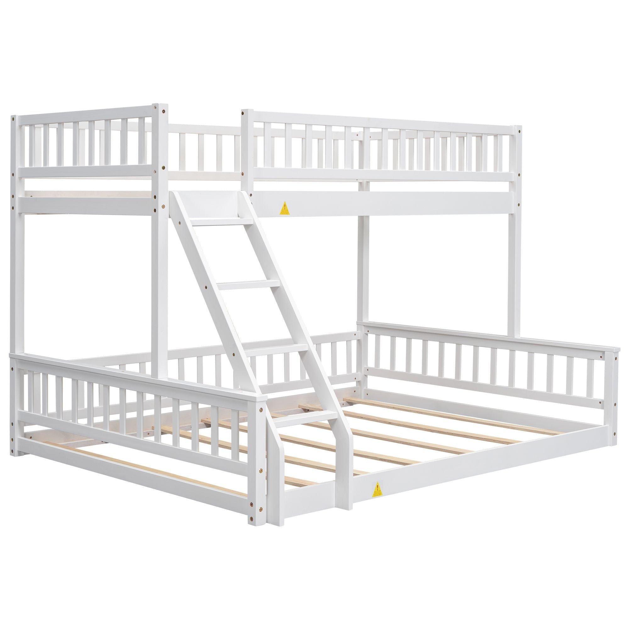 Shared Kids Room Twin XL Over Queen Wood Bunk Bed with Ladder and Guardrails White | Just Better Bunk Beds