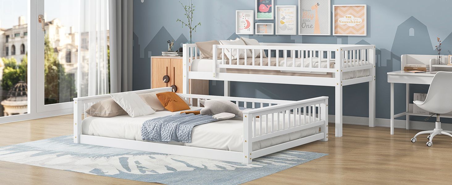 Shared Kids Room Twin XL Over Queen Wood Bunk Bed with Ladder and Guardrails White | Just Better Bunk Beds