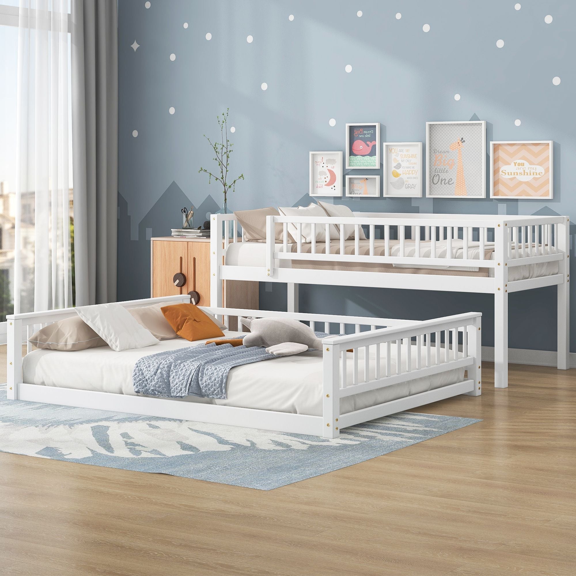 Shared Kids Room Twin XL Over Queen Wood Bunk Bed with Ladder and Guardrails White | Just Better Bunk Beds