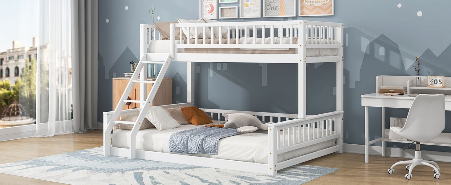 Shared Kids Room Twin XL Over Queen Wood Bunk Bed with Ladder and Guardrails White | Just Better Bunk Beds