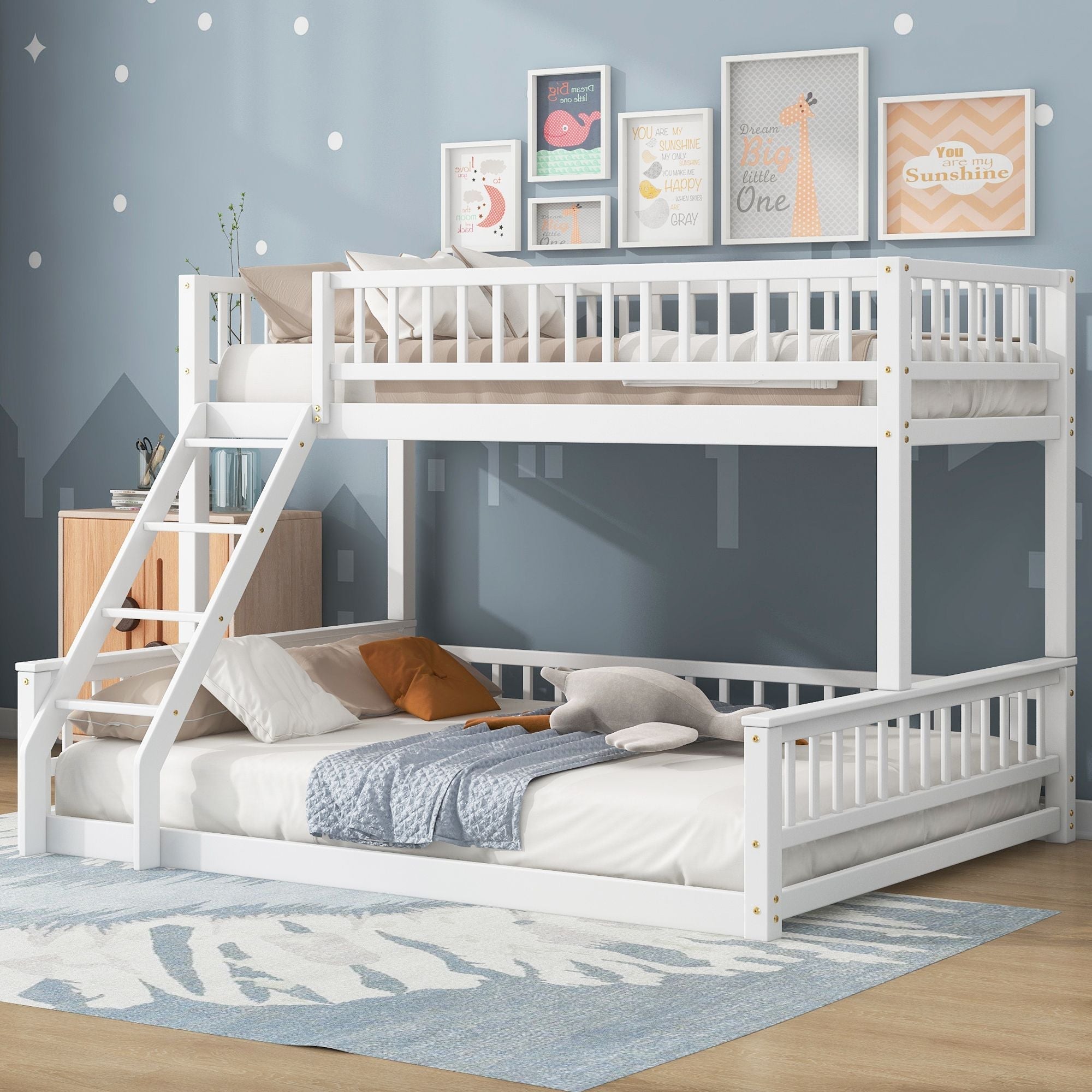 Shared Kids Room Twin XL Over Queen Wood Bunk Bed with Ladder and Guardrails White | Just Better Bunk Beds