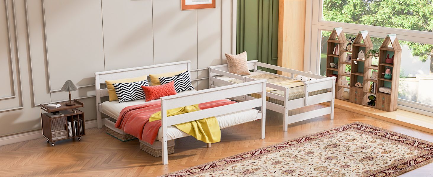 Shared Kids Room Twin XL Over Queen Wood Bunk Bed with Ladder in White | Just Better Bunk Beds