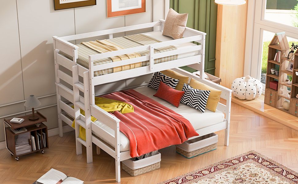 Shared Kids Room Twin XL Over Queen Wood Bunk Bed with Ladder in White | Just Better Bunk Beds
