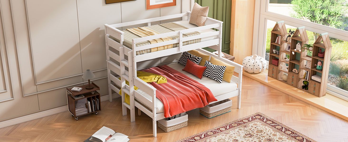 Shared Kids Room Twin XL Over Queen Wood Bunk Bed with Ladder in White | Just Better Bunk Beds