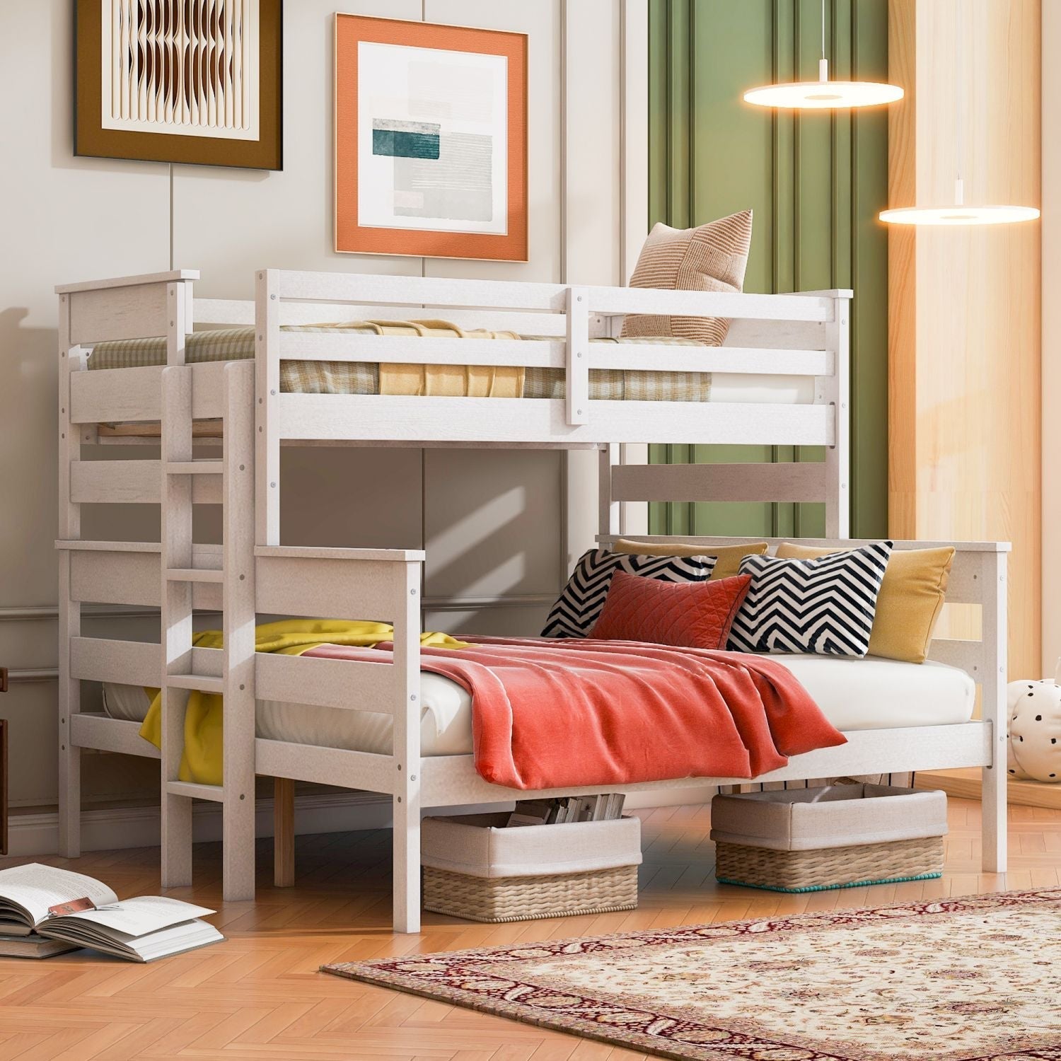 Shared Kids Room Twin XL Over Queen Wood Bunk Bed with Ladder in White | Just Better Bunk Beds