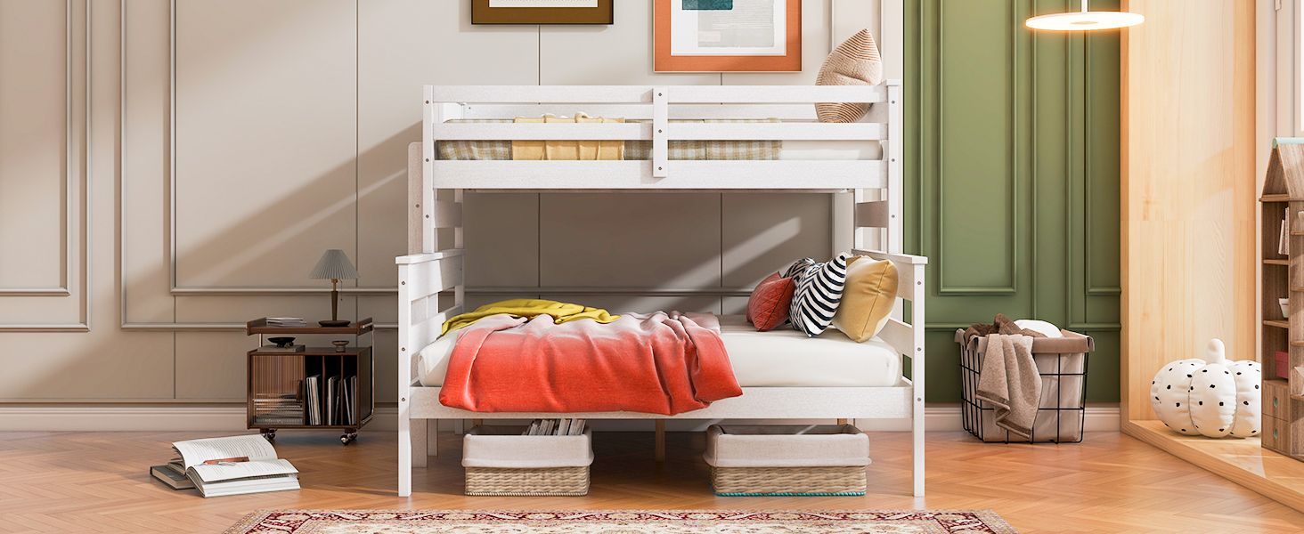 Shared Kids Room Twin XL Over Queen Wood Bunk Bed with Ladder in White | Just Better Bunk Beds