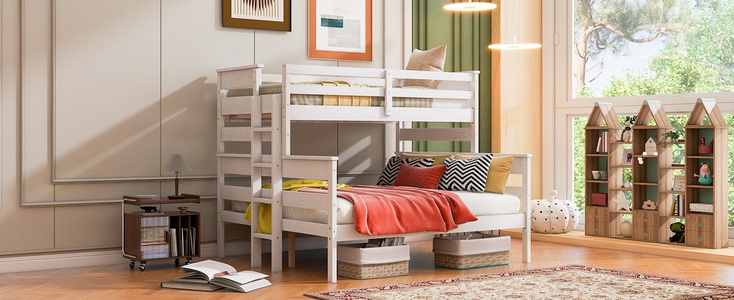 Shared Kids Room Twin XL Over Queen Wood Bunk Bed with Ladder in White | Just Better Bunk Beds