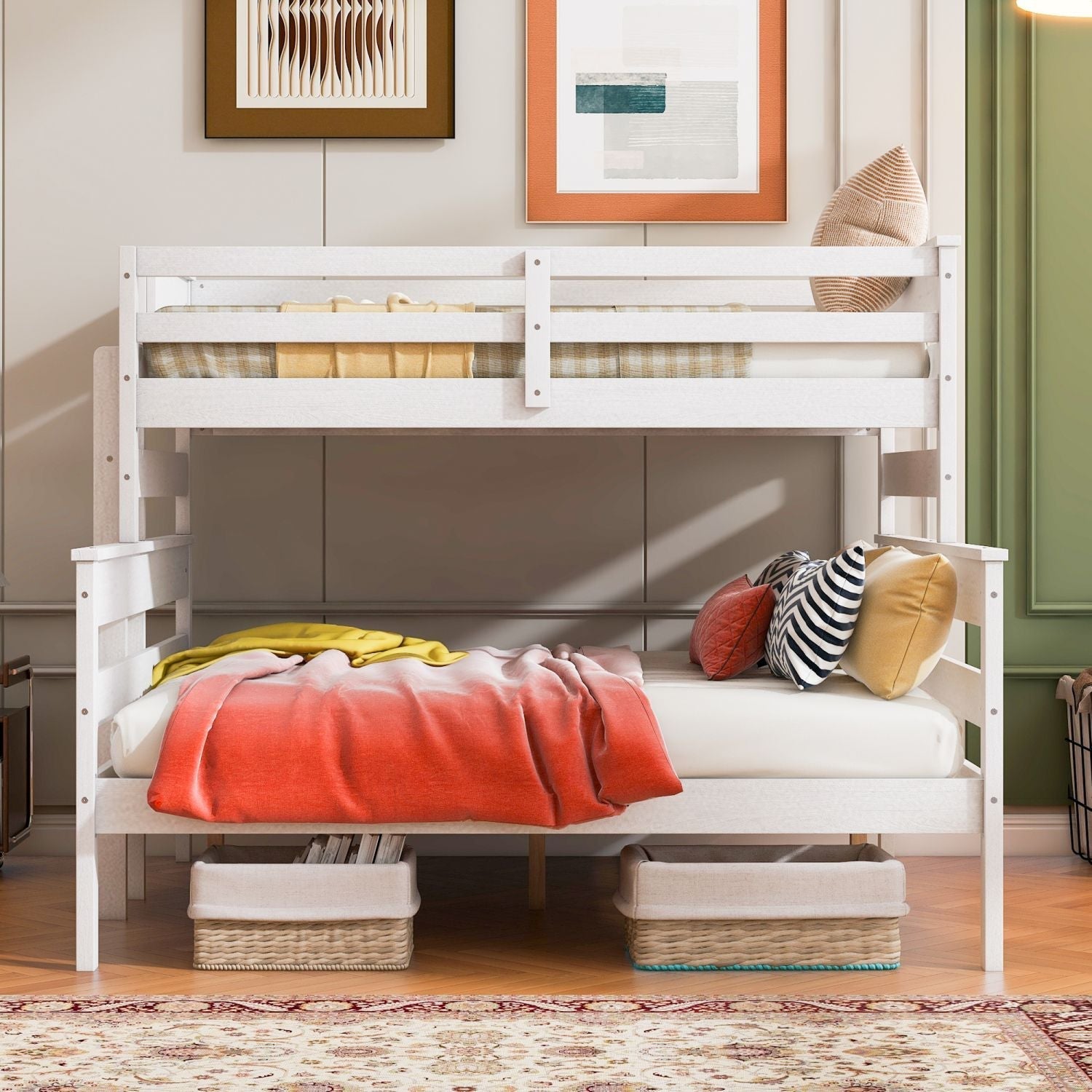 Shared Kids Room Twin XL Over Queen Wood Bunk Bed with Ladder in White | Just Better Bunk Beds