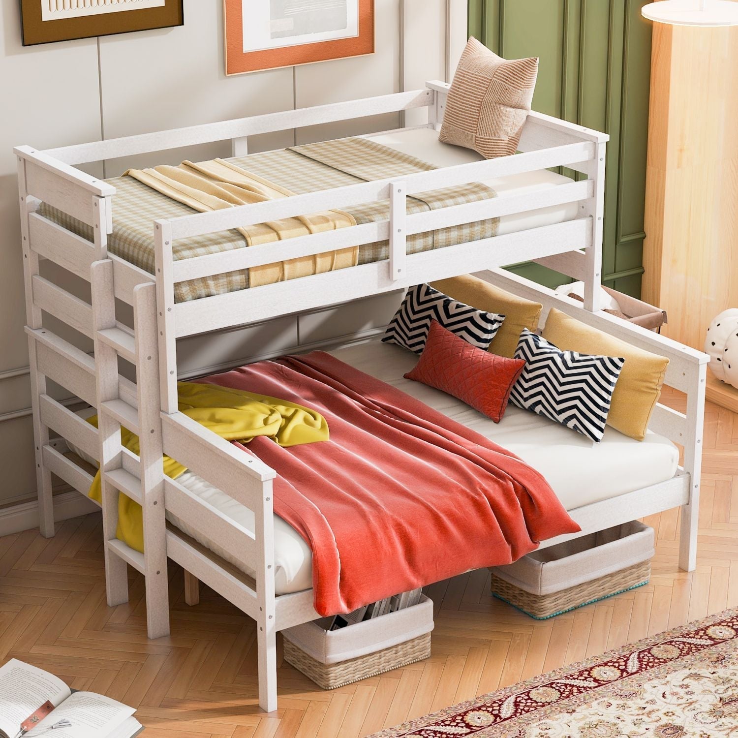 Shared Kids Room Twin XL Over Queen Wood Bunk Bed with Ladder in White | Just Better Bunk Beds